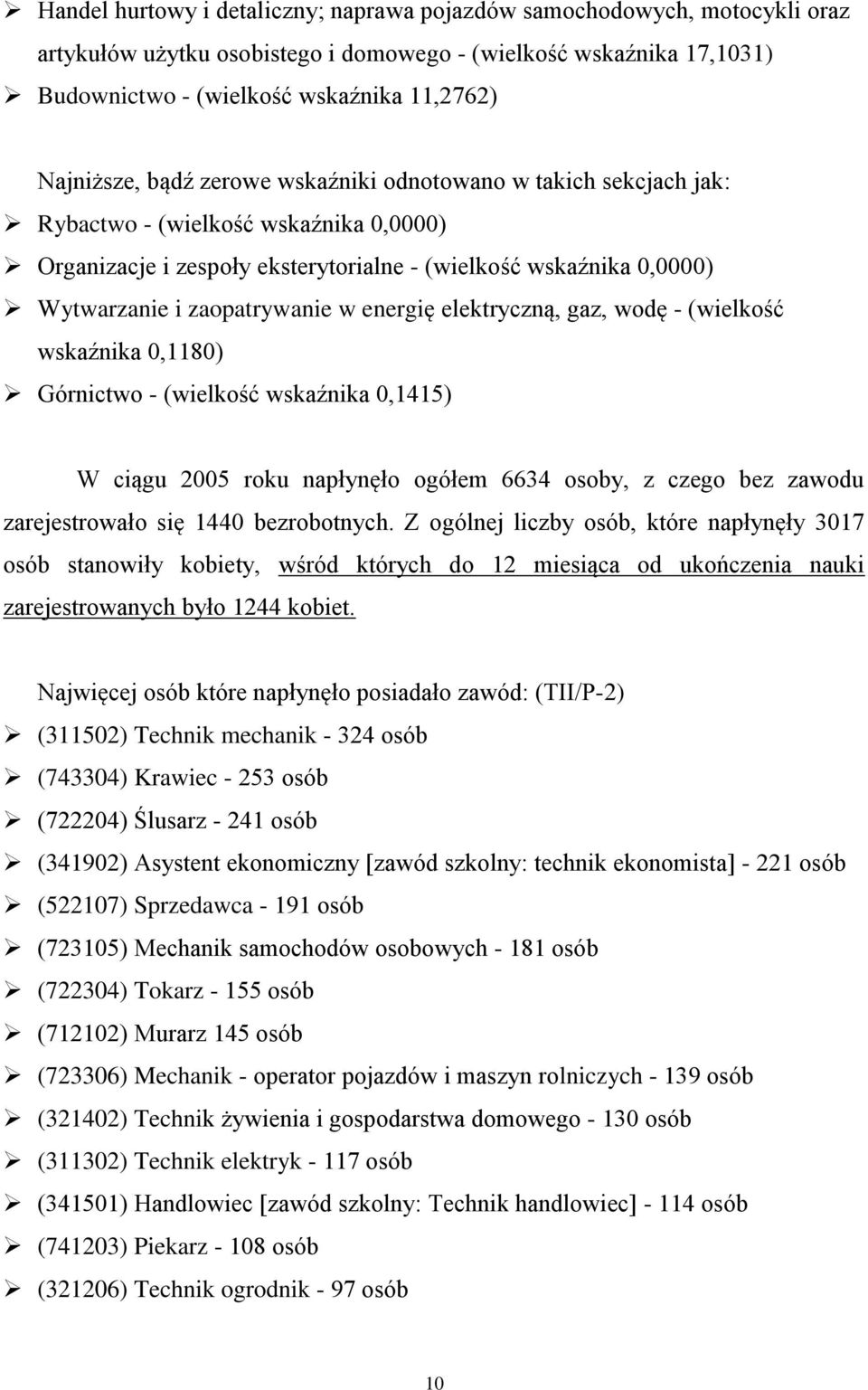 energię elektryczną, gaz, wodę - (wielkość wskaźnika 0,1180) Górnictwo - (wielkość wskaźnika 0,1415) W ciągu 2005 roku napłynęło ogółem 6634 osoby, z czego bez zawodu zarejestrowało się 1440