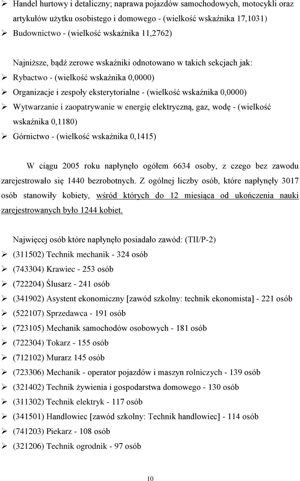 energię elektryczną, gaz, wodę - (wielkość wskaźnika 0,1180) Górnictwo - (wielkość wskaźnika 0,1415) W ciągu 2005 roku napłynęło ogółem 6634 osoby, z czego bez zawodu zarejestrowało się 1440