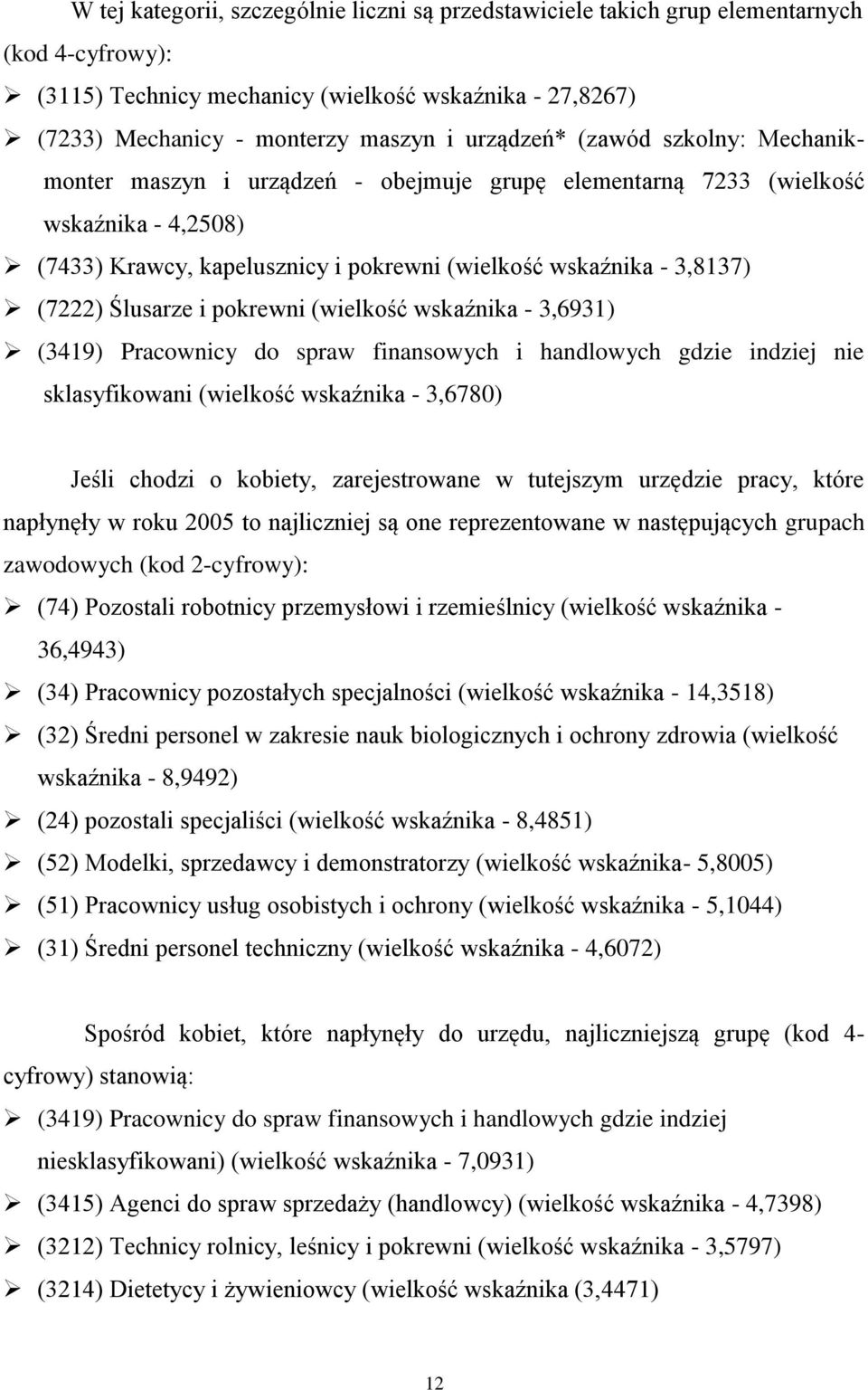 Ślusarze i pokrewni (wielkość wskaźnika - 3,6931) (3419) Pracownicy do spraw finansowych i handlowych gdzie indziej nie sklasyfikowani (wielkość wskaźnika - 3,6780) Jeśli chodzi o kobiety,