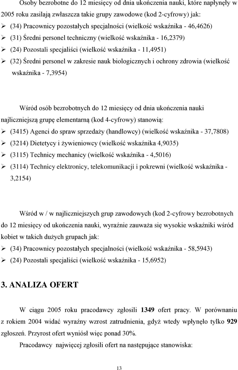 ochrony zdrowia (wielkość wskaźnika - 7,3954) Wśród osób bezrobotnych do 12 miesięcy od dnia ukończenia nauki najliczniejszą grupę elementarną (kod 4-cyfrowy) stanowią: (3415) Agenci do spraw