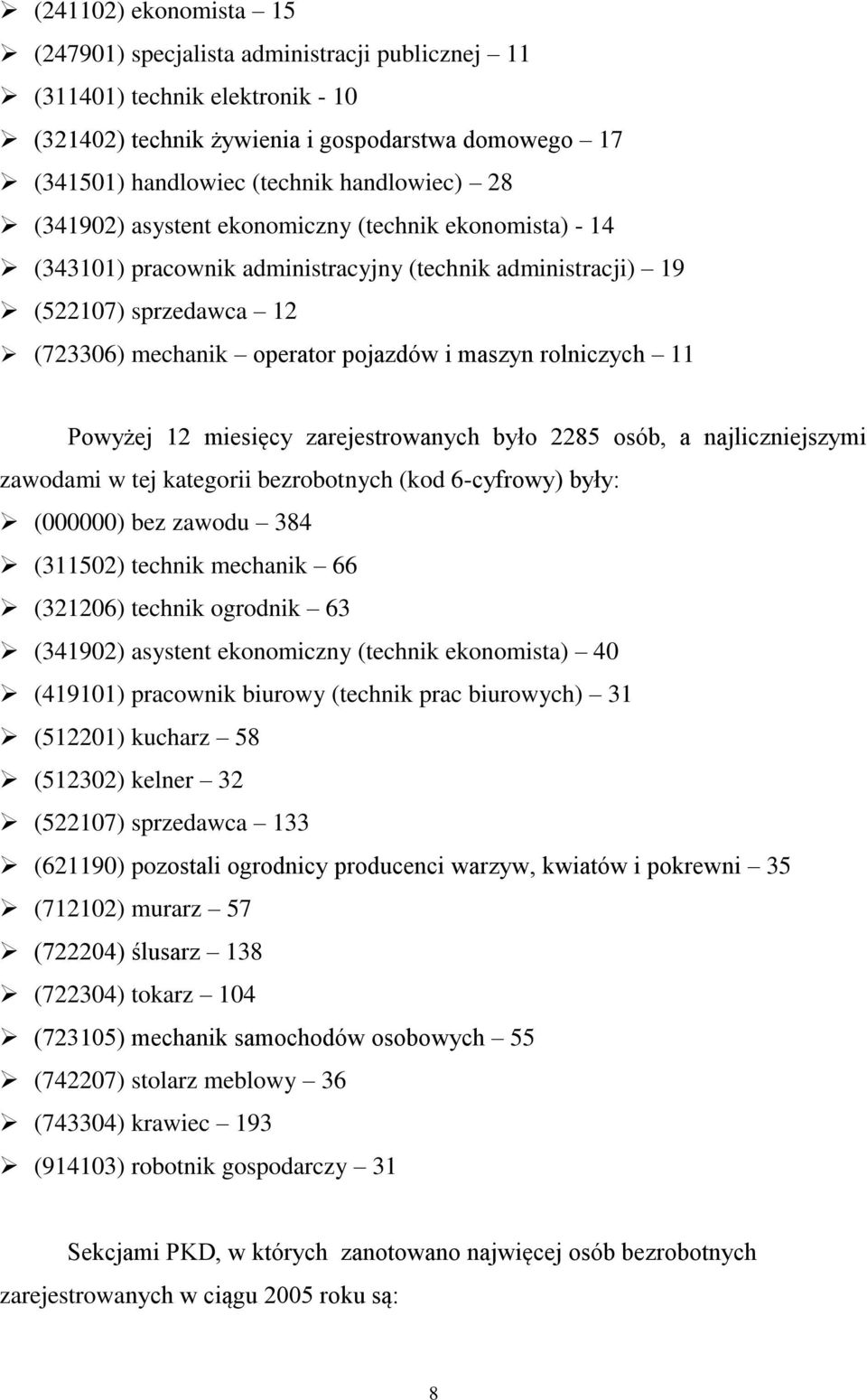 11 Powyżej 12 miesięcy zarejestrowanych było 2285 osób, a najliczniejszymi zawodami w tej kategorii bezrobotnych (kod 6-cyfrowy) były: (000000) bez zawodu 384 (311502) technik mechanik 66 (321206)