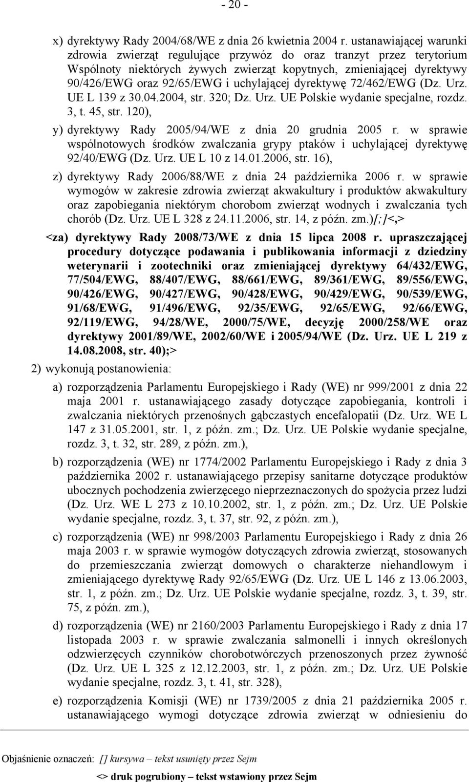 uchylającej dyrektywę 72/462/EWG (Dz. Urz. UE L 139 z 30.04.2004, str. 320; Dz. Urz. UE Polskie wydanie specjalne, rozdz. 3, t. 45, str. 120), y) dyrektywy Rady 2005/94/WE z dnia 20 grudnia 2005 r.