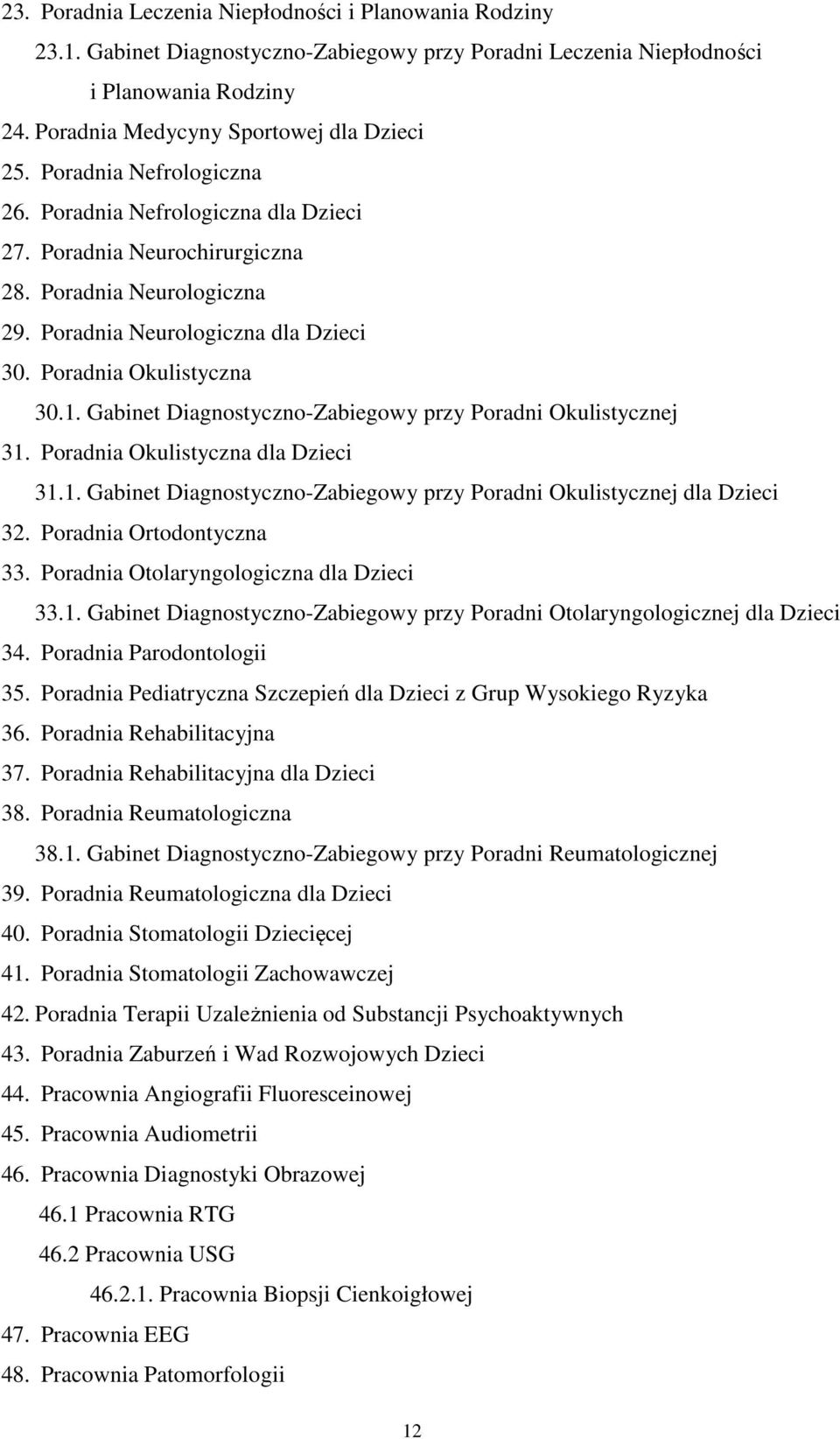 Poradnia Neurologiczna dla Dzieci 30. Poradnia Okulistyczna 30.1. Gabinet Diagnostyczno-Zabiegowy przy Poradni Okulistycznej 31. Poradnia Okulistyczna dla Dzieci 31.1. Gabinet Diagnostyczno-Zabiegowy przy Poradni Okulistycznej dla Dzieci 32.