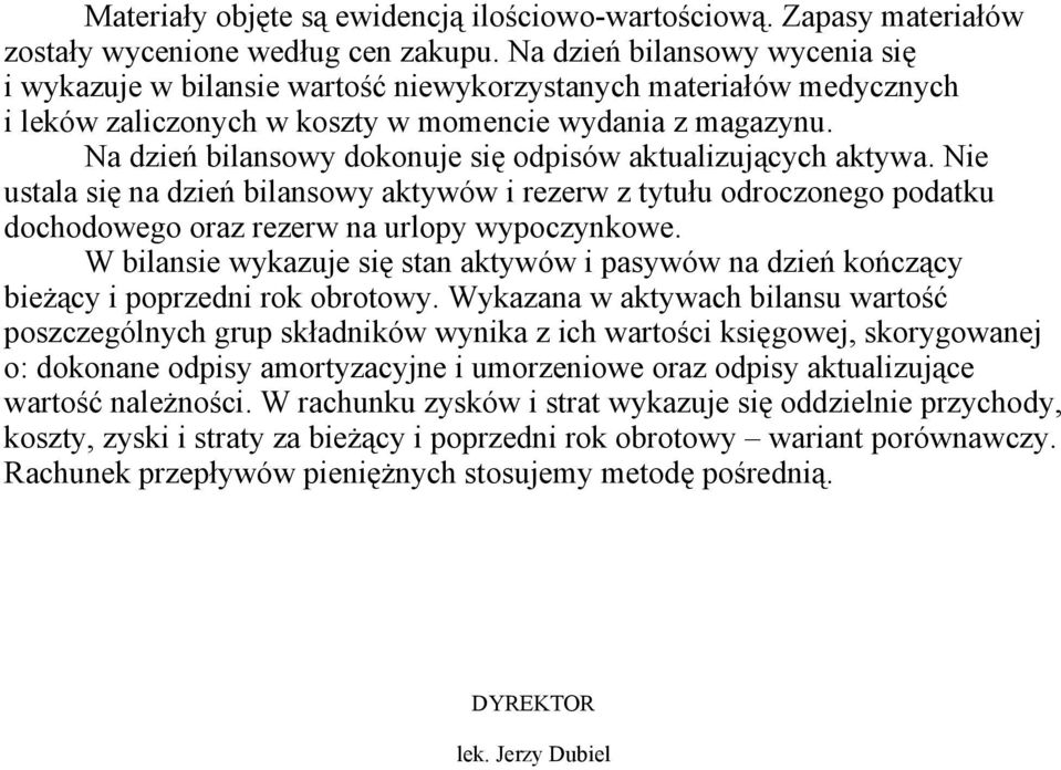 Na dzień bilansowy dokonuje się odpisów aktualizujących aktywa. Nie ustala się na dzień bilansowy aktywów i rezerw z tytułu odroczonego podatku dochodowego oraz rezerw na urlopy wypoczynkowe.