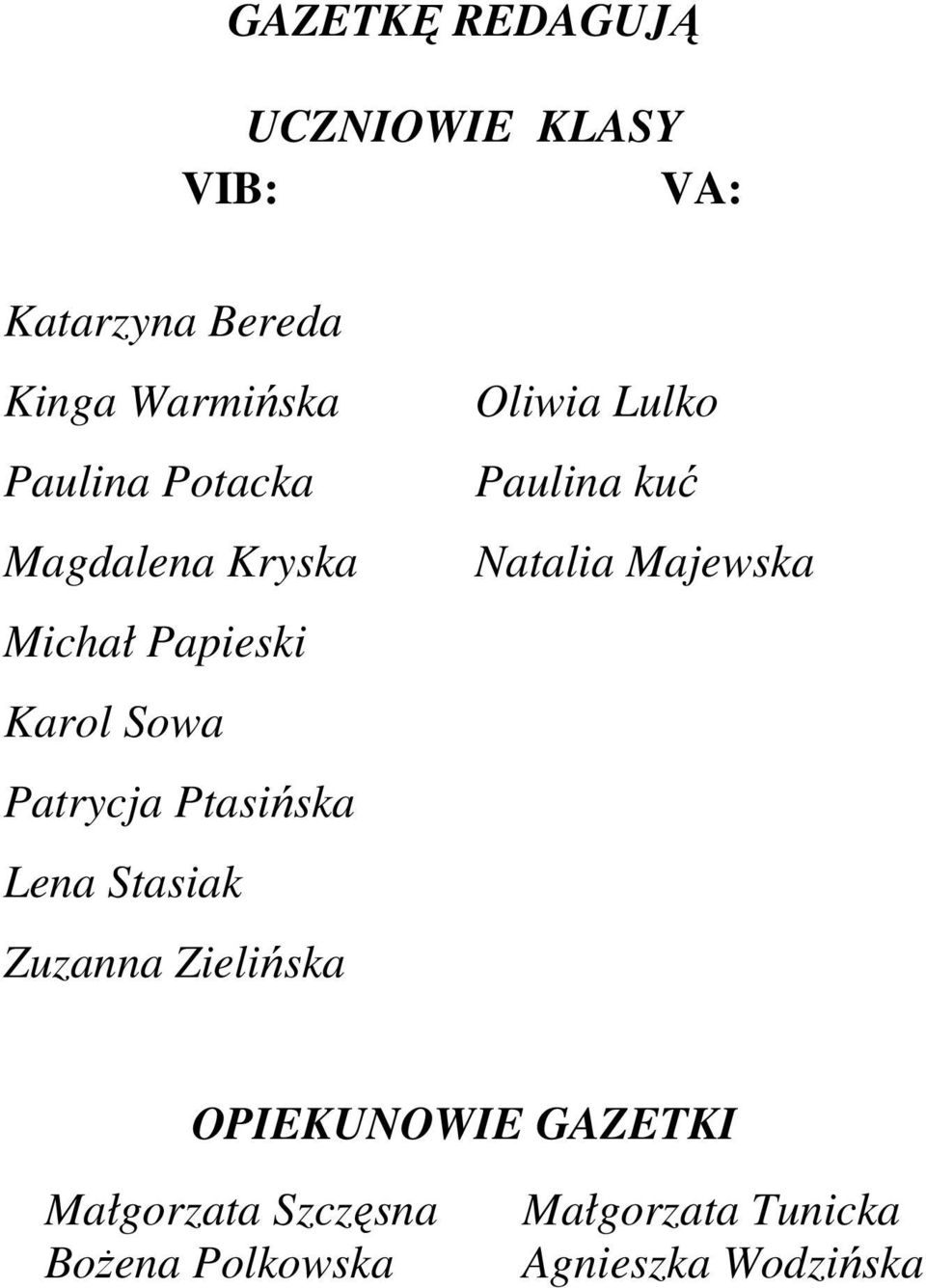 Lena Stasiak Zuzanna Zielińska Oliwia Lulko Paulina kuć Natalia Majewska