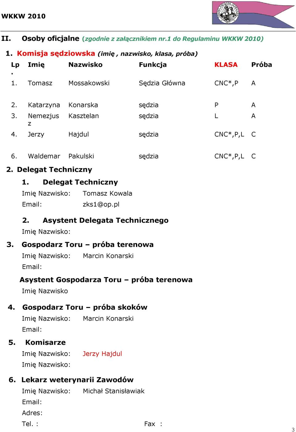 Delegat Techniczny 1. Delegat Techniczny Imię Nazwisko: Tomasz Kowala Email: zks1@op.pl 2. Asystent Delegata Technicznego Imię Nazwisko: 3.