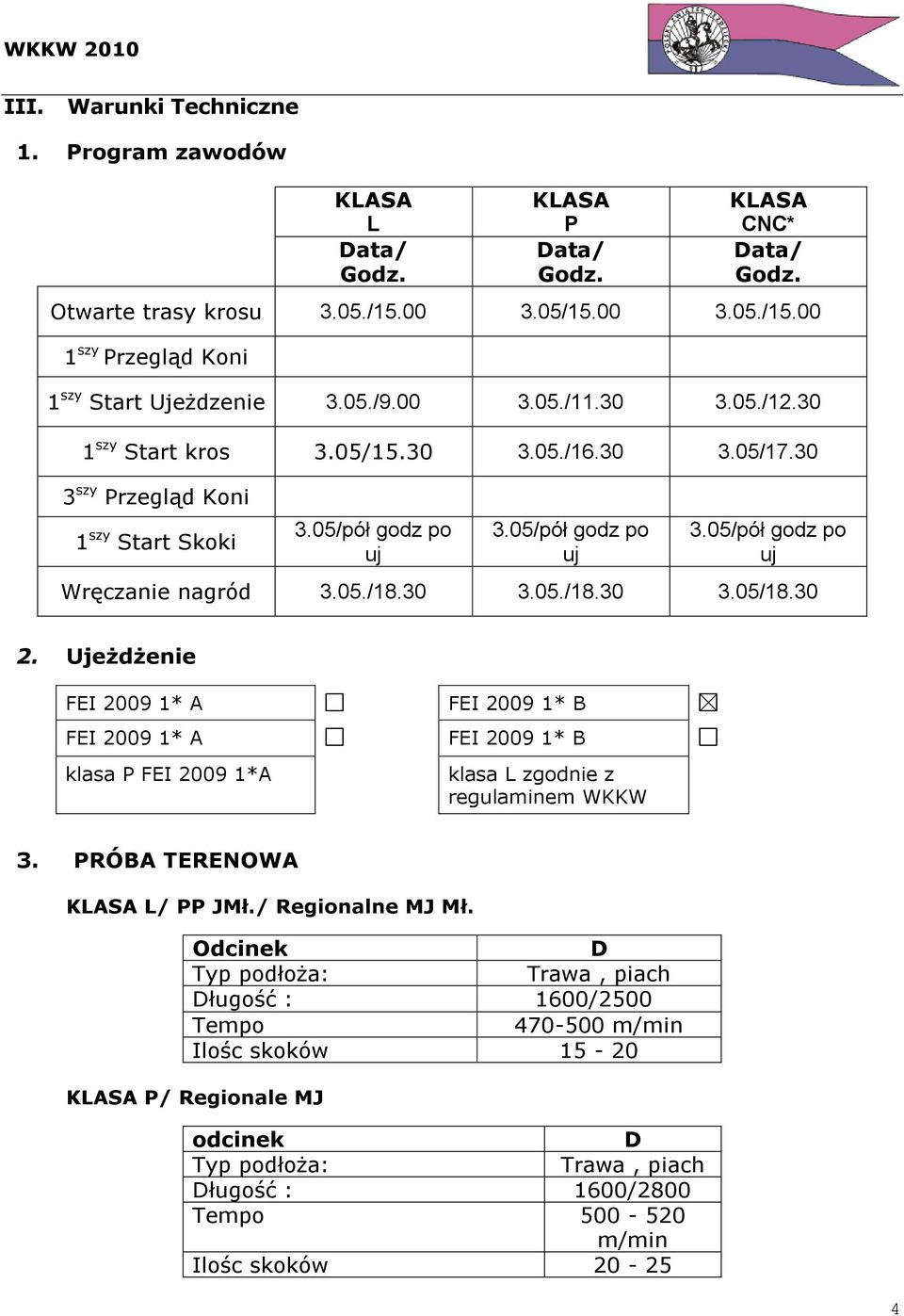30 2. Ujeżdżenie FEI 2009 1* A FEI 2009 1* A klasa P FEI 2009 1*A FEI 2009 1* B FEI 2009 1* B klasa L zgodnie z regulaminem WKKW 3. PRÓBA TERENOWA L/ PP JMł./ Regionalne MJ Mł.