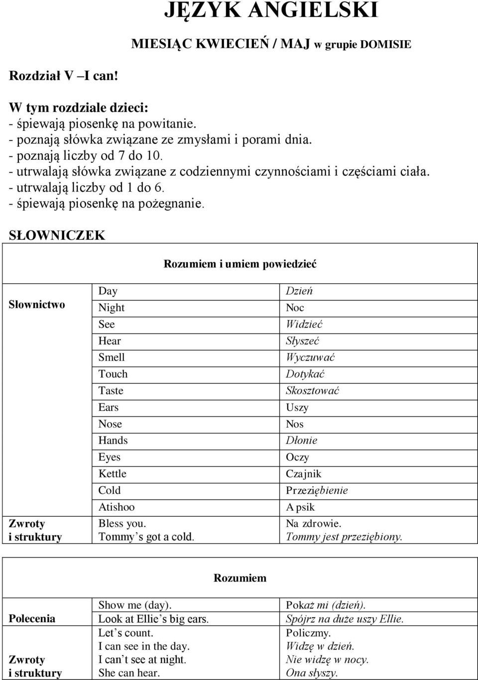 i umiem powiedzieć Day Night See Hear Smell Touch Taste Ears Nose Hands Eyes Kettle Cold Atishoo Bless you. Tommy s got a cold.