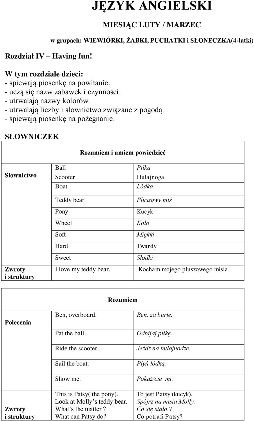 Piłka Hulajnoga Łódka Pluszowy miś Kucyk Koło Miękki Twardy Słodki Kocham mojego pluszowego misia. Ben, overboard. Pat the ball. Ride the scooter. Sail the boat. Show me. Ben, za burtę.