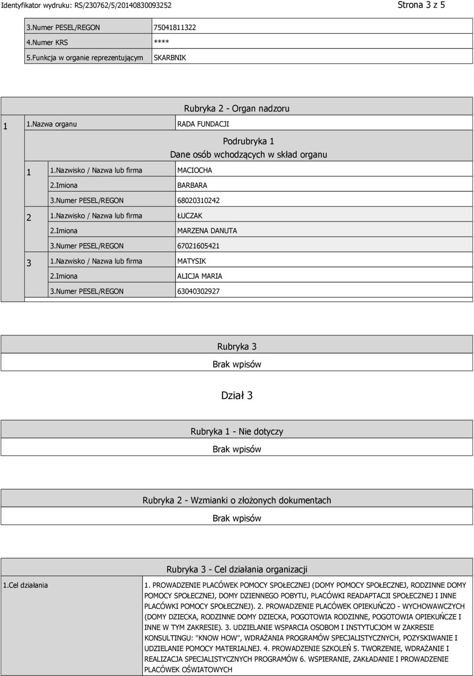 Nazwisko / Nazwa lub firma ŁUCZAK MARZENA DANUTA 3.Numer PESEL/REGON 67021605421 3 1.Nazwisko / Nazwa lub firma MATYSIK ALICJA MARIA 3.