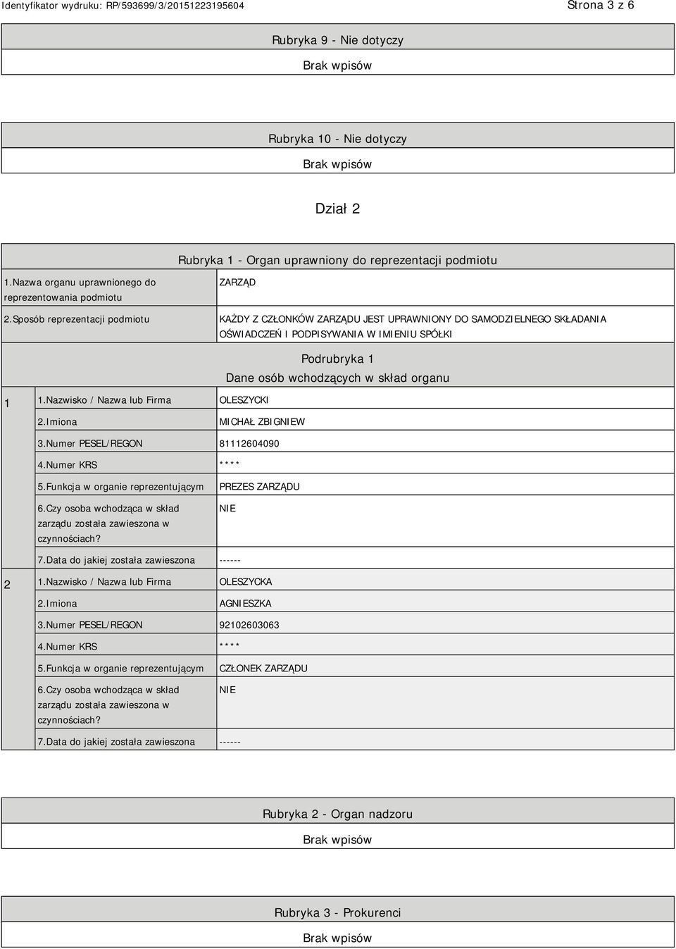 Nazwisko / Nazwa lub Firma OLESZYCKI Podrubryka 1 Dane osób wchodzących w skład organu MICHAŁ ZBIGW 3.Numer PESEL/REGON 81112604090 4.Numer KRS **** 5.Funkcja w organie reprezentującym 6.