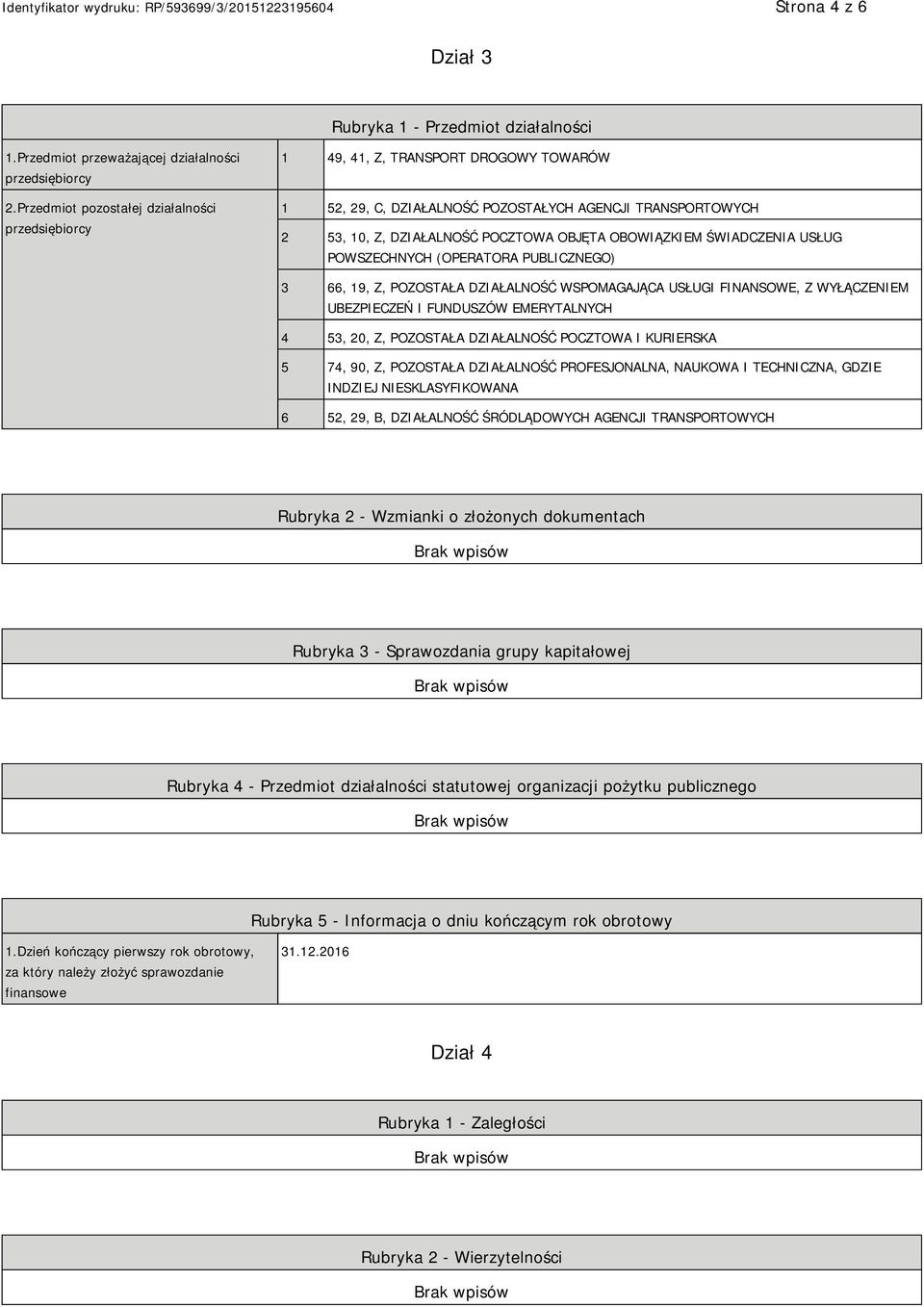 OBOWIĄZKIEM ŚWIADCZENIA USŁUG POWSZECHNYCH (OPERATORA PUBLICZNEGO) 3 66, 19, Z, POZOSTAŁA DZIAŁALNOŚĆ WSPOMAGAJĄCA USŁUGI FINANSOWE, Z WYŁĄCZEM UBEZPIECZEŃ I FUNDUSZÓW EMERYTALNYCH 4 53, 20, Z,