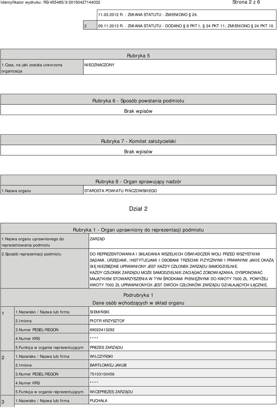 Nazwa organu STAROSTA POWIATU PIŃCZOWSKIEGO Dział 2 Rubryka 1 - Organ uprawniony do reprezentacji podmiotu 1.Nazwa organu uprawnionego do reprezentowania podmiotu 2.