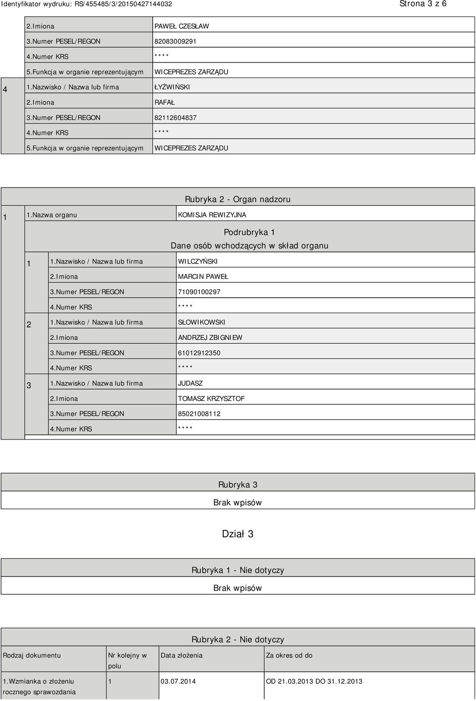 Nazwisko / Nazwa lub firma WILCZYŃSKI MARCIN PAWEŁ 3.Numer PESEL/REGON 71090100297 2 1.Nazwisko / Nazwa lub firma SŁOWIKOWSKI ANDRZEJ ZBIGNIEW 3.Numer PESEL/REGON 61012912350 3 1.