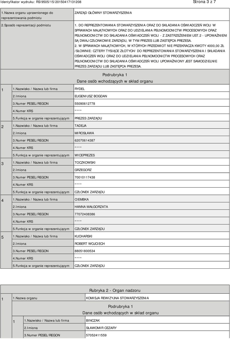 ZASTRZEŻENIEM UST.2 - UPOWAŻNIENI SĄ DWAJ CZŁONKOWIE ZARZĄDU, W TYM PREZES LUB ZASTĘPCA PREZESA. 2.