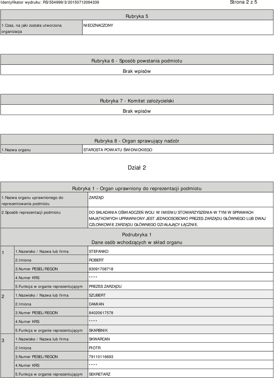 Sposób reprezentacji podmiotu ZARZĄD DO SKŁADANIA OŚWIADCZEŃ WOLI W IMIENIU STOWARZYSZENIA-W TYM W SPRAWACH MAJĄTKOWYCH-UPRAWNIONY JEST JEDNOOSOBOWO PREZES ZARZĄDU GŁÓWNEGO LUB DWAJ CZŁONKOWIE