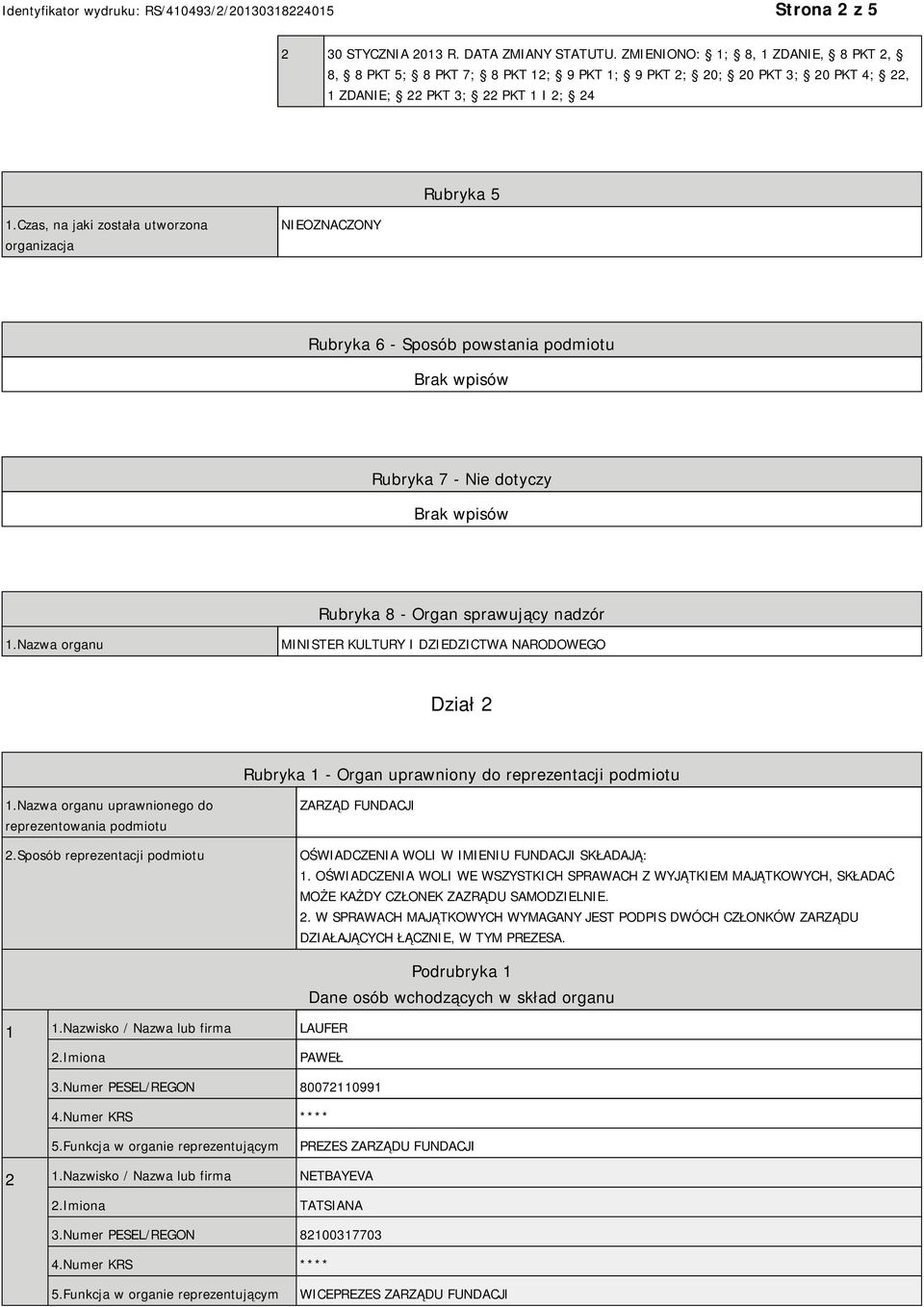 Czas, na jaki została utworzona organizacja NIEOZNACZONY Rubryka 6 - Sposób powstania podmiotu Rubryka 7 - Nie dotyczy Rubryka 8 - Organ sprawujący nadzór 1.