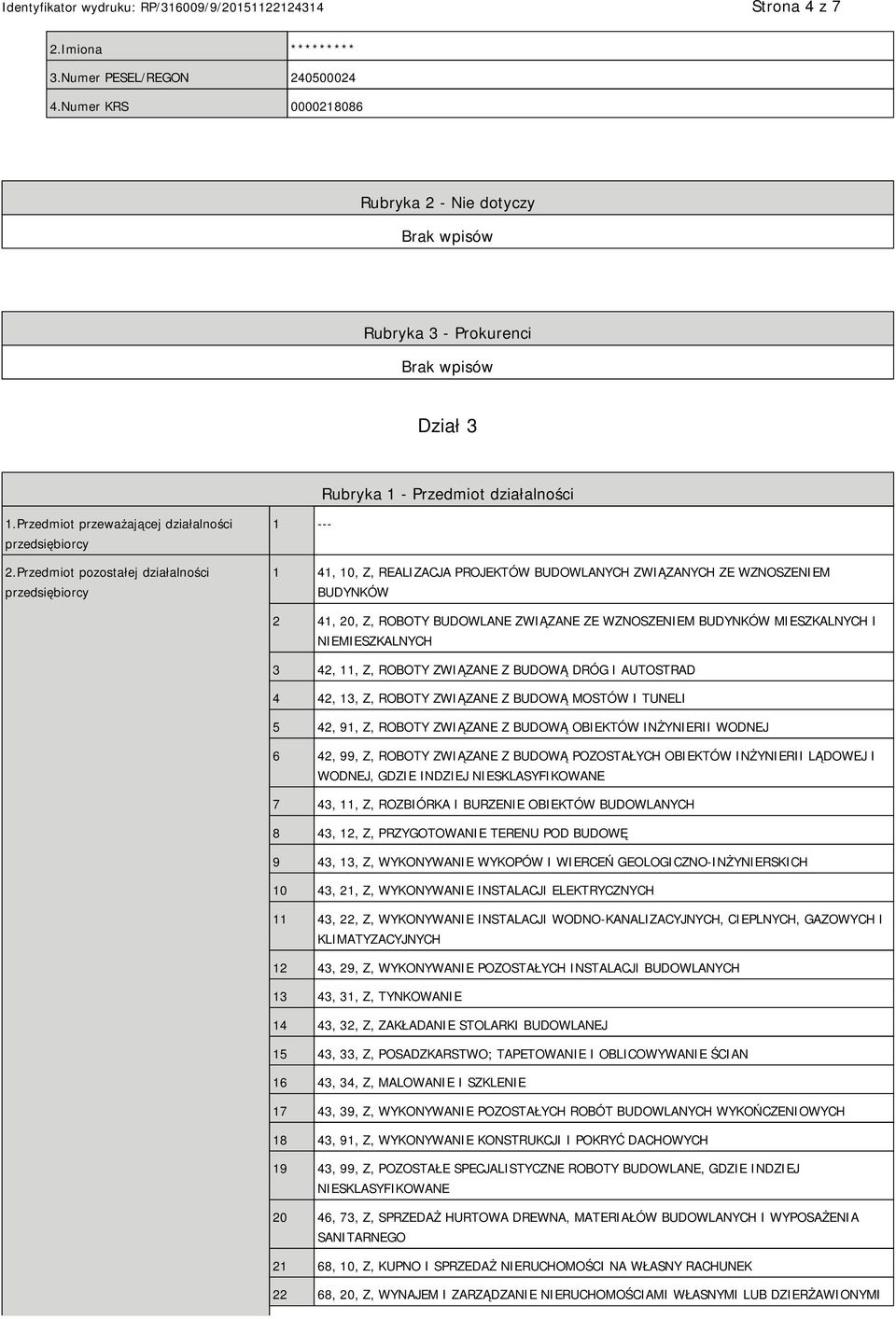 Przedmiot pozostałej działalności przedsiębiorcy 1 --- 1 41, 10, Z, REALIZACJA PROJEKTÓW BUDOWLANYCH ZWIĄZANYCH ZE WZNOSZEM BUDYNKÓW 2 41, 20, Z, ROBOTY BUDOWLANE ZWIĄZANE ZE WZNOSZEM BUDYNKÓW