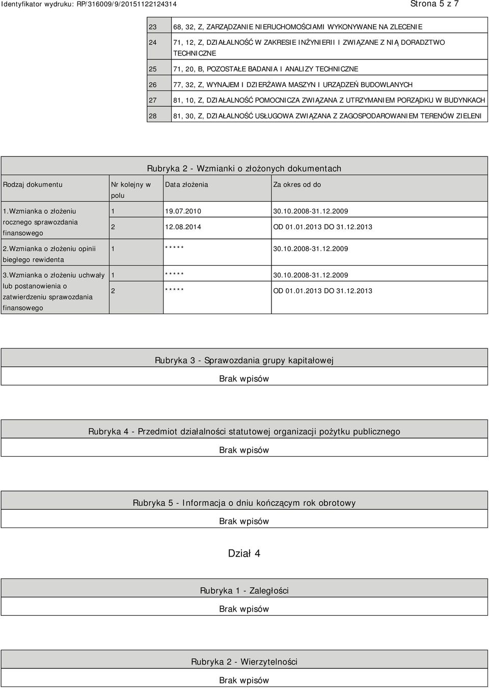 ZAGOSPODAROWAM TERENÓW ZIELENI Rubryka 2 - Wzmianki o złożonych dokumentach Rodzaj dokumentu Nr kolejny w polu Data złożenia Za okres od do 1.Wzmianka o złożeniu rocznego sprawozdania finansowego 2.