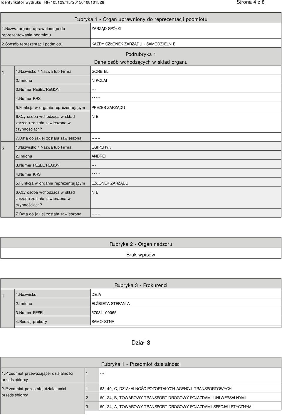 Numer PESEL/REGON --- 4.Numer KRS **** 5.Funkcja w organie reprezentującym 6.Czy osoba wchodząca w skład zarządu została zawieszona w czynnościach? PREZES ZARZĄDU 7.