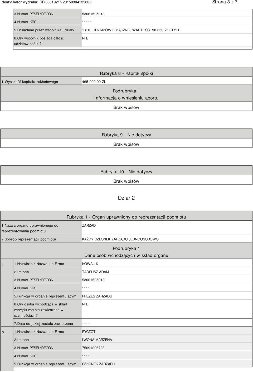 Wysokość kapitału zakładowego 465 000,00 ZŁ Podrubryka 1 Informacja o wniesieniu aportu Rubryka 9 - Nie dotyczy Rubryka 10 - Nie dotyczy Dział 2 Rubryka 1 - Organ uprawniony do reprezentacji podmiotu