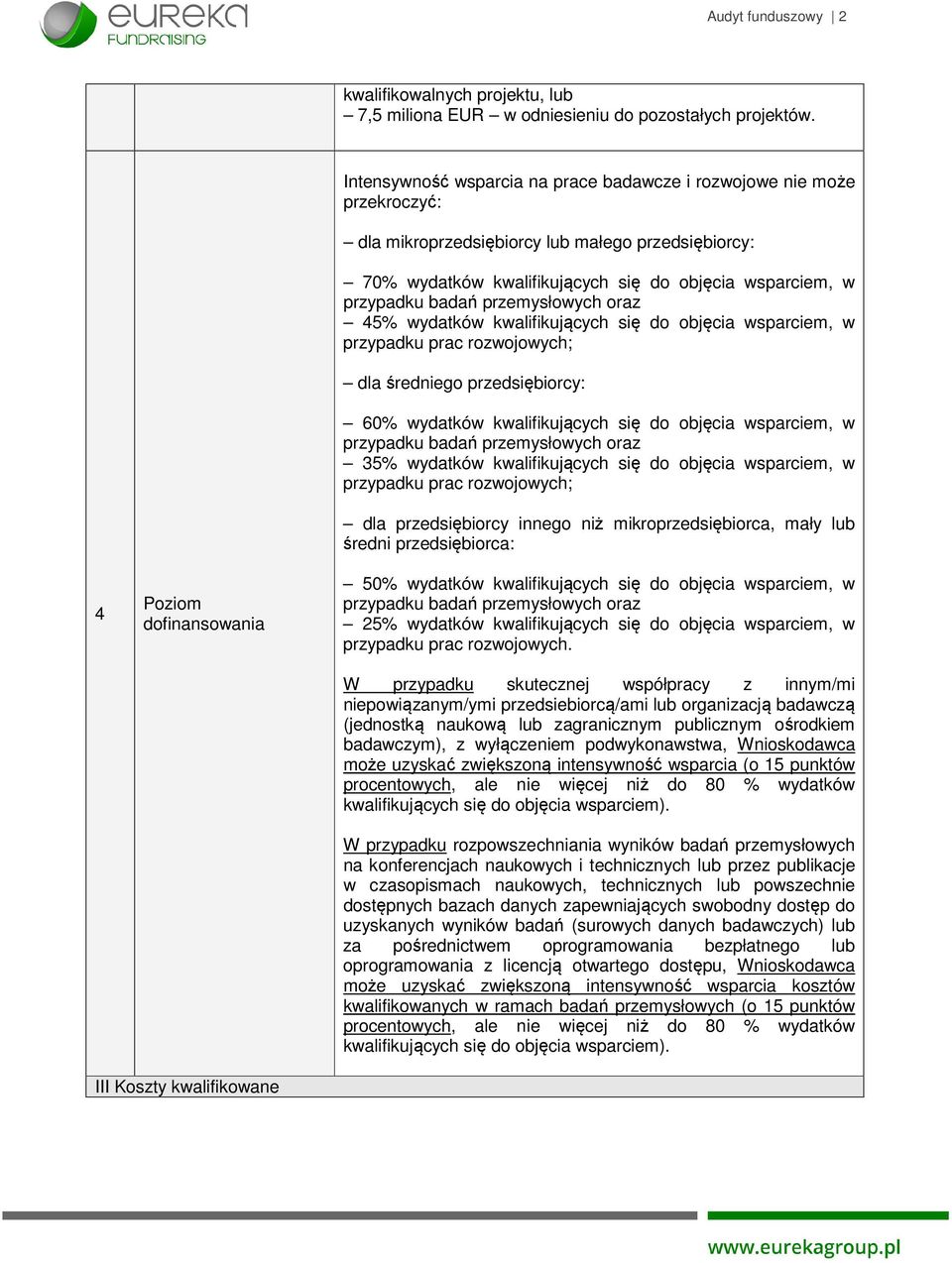 wsparciem, w przypadku badań przemysłowych oraz 45% wydatków kwalifikujących się do objęcia wsparciem, w przypadku prac rozwojowych; dla średniego przedsiębiorcy: 60% wydatków kwalifikujących się do