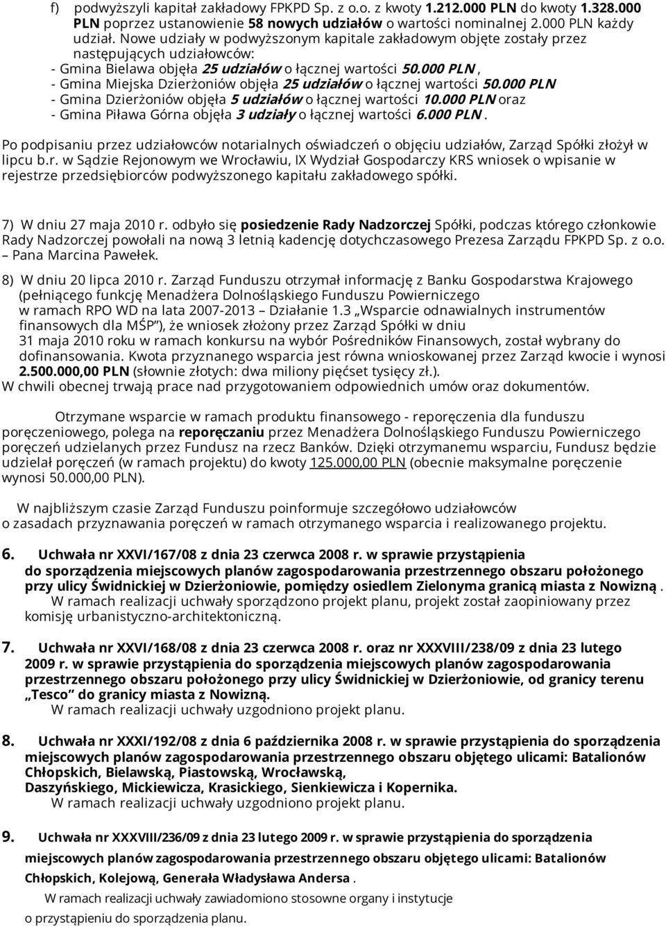 000 PLN, - Gmina Miejska Dzierżoniów objęła 25 udziałów o łącznej wartości 50.000 PLN - Gmina Dzierżoniów objęła 5 udziałów o łącznej wartości 10.