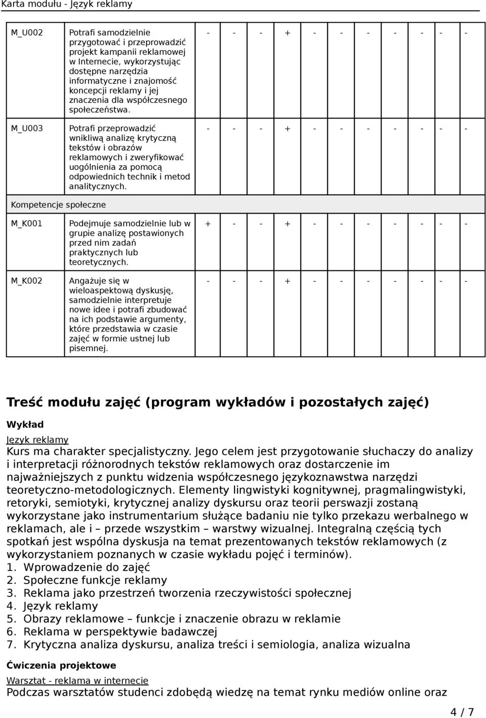 - - - + - - - - - - - - - - + - - - - - - - Kompetencje społeczne M_K001 M_K002 Podejmuje samodzielnie lub w grupie analizę postawionych przed nim zadań praktycznych lub teoretycznych.