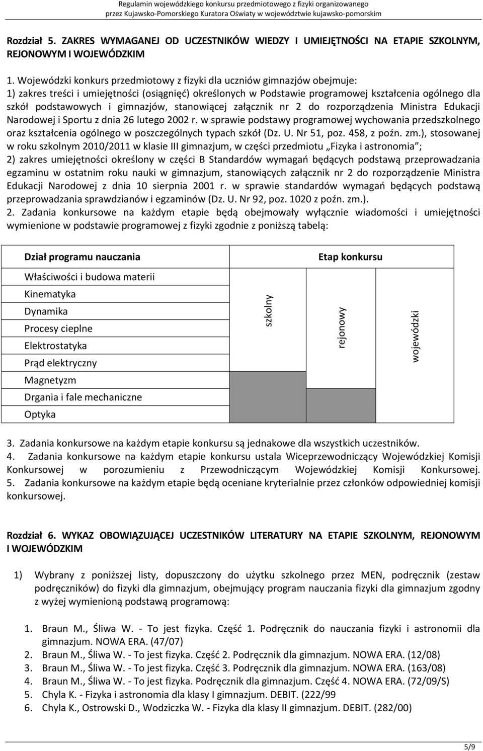 Wojewódzki konkurs przedmiotowy z fizyki dla uczniów gimnazjów obejmuje: 1) zakres treści i umiejętności (osiągnięd) określonych w Podstawie programowej kształcenia ogólnego dla szkół podstawowych i