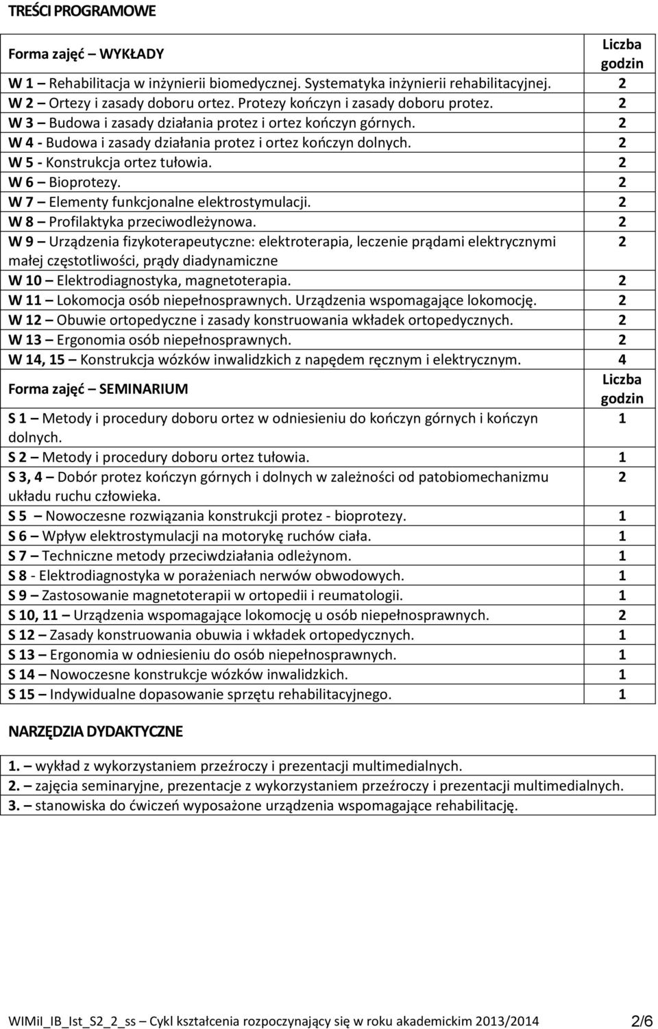 2 W 5 - Konstrukcja ortez tułowia. 2 W 6 Bioprotezy. 2 W 7 Elementy funkcjonalne elektrostymulacji. 2 W 8 Profilaktyka przeciwodleżynowa.