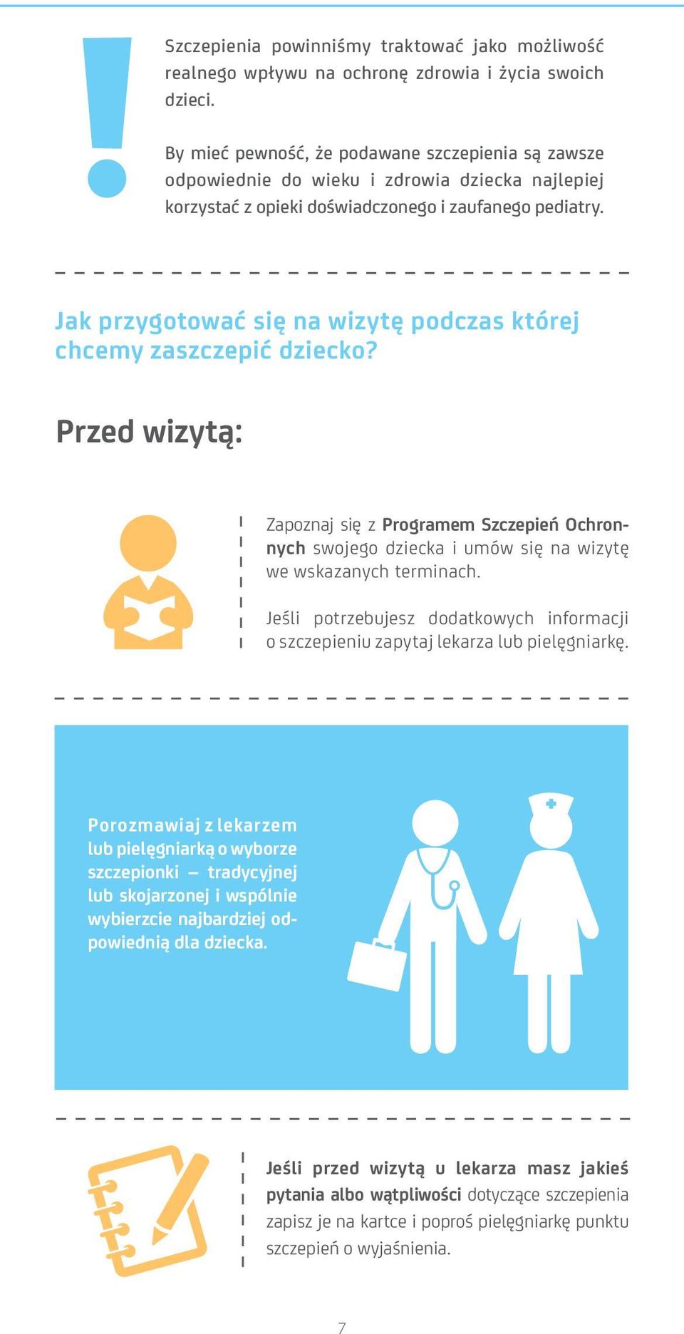 Jak przygotować się na wizytę podczas której chcemy zaszczepić dziecko? Przed wizytą: Zapoznaj się z Programem Szczepień Ochronnych swojego dziecka i umów się na wizytę we wskazanych terminach.