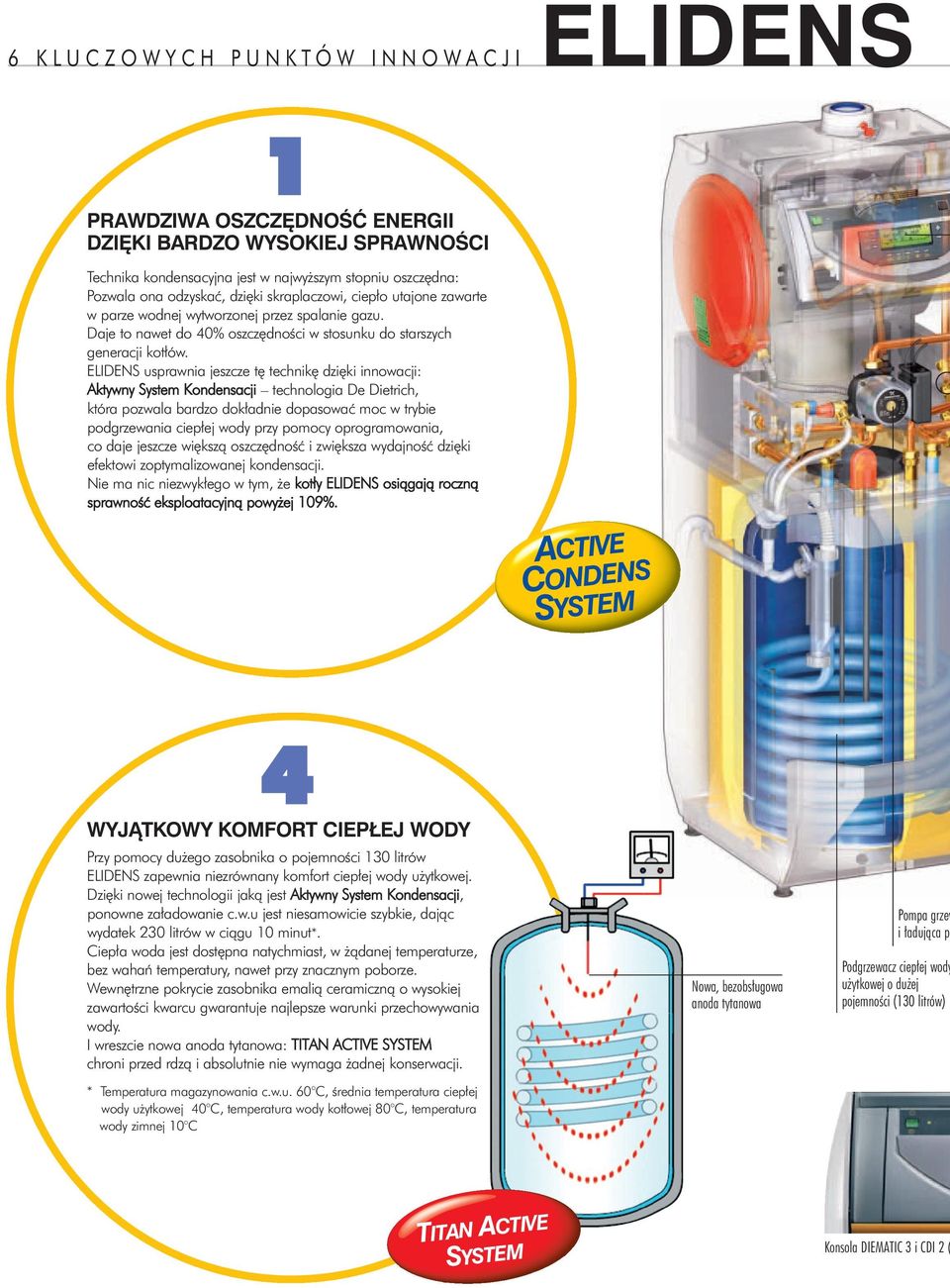 ELIDENS usprawnia jeszcze tê technikê dziêki innowacji: Aktywny System Kondensacji technologia De Dietrich, która pozwala bardzo dok³adnie dopasowaæ moc w trybie podgrzewania ciep³ej wody przy pomocy