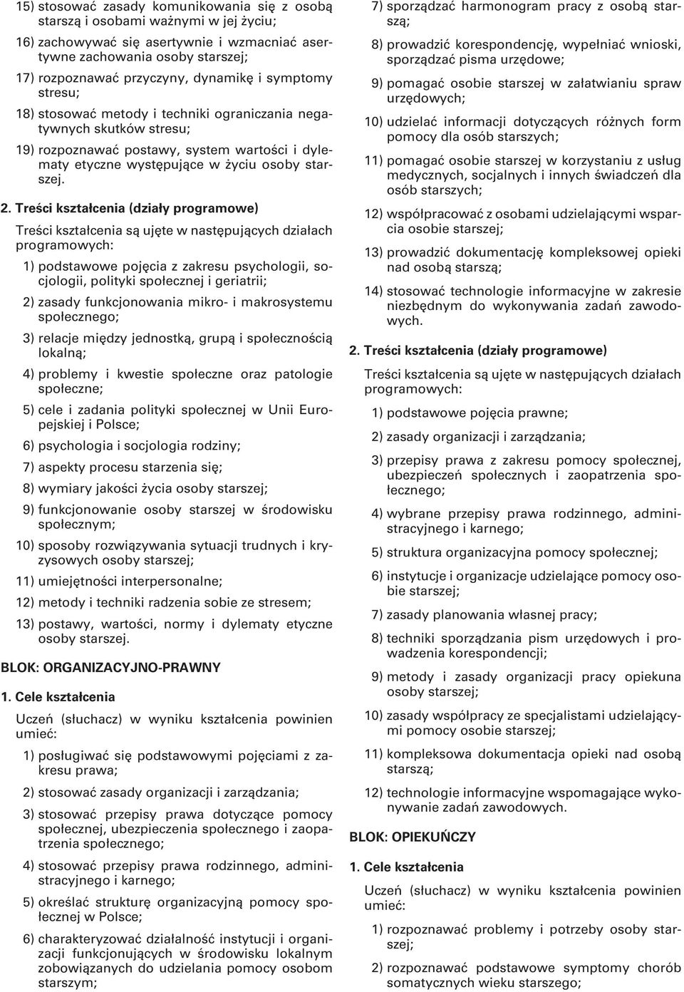 1) podstawowe pojęcia z zakresu psychologii, socjologii, polityki społecznej i geriatrii; 2) zasady funkcjonowania mikro- i makrosystemu społecznego; 3) relacje między jednostką, grupą i