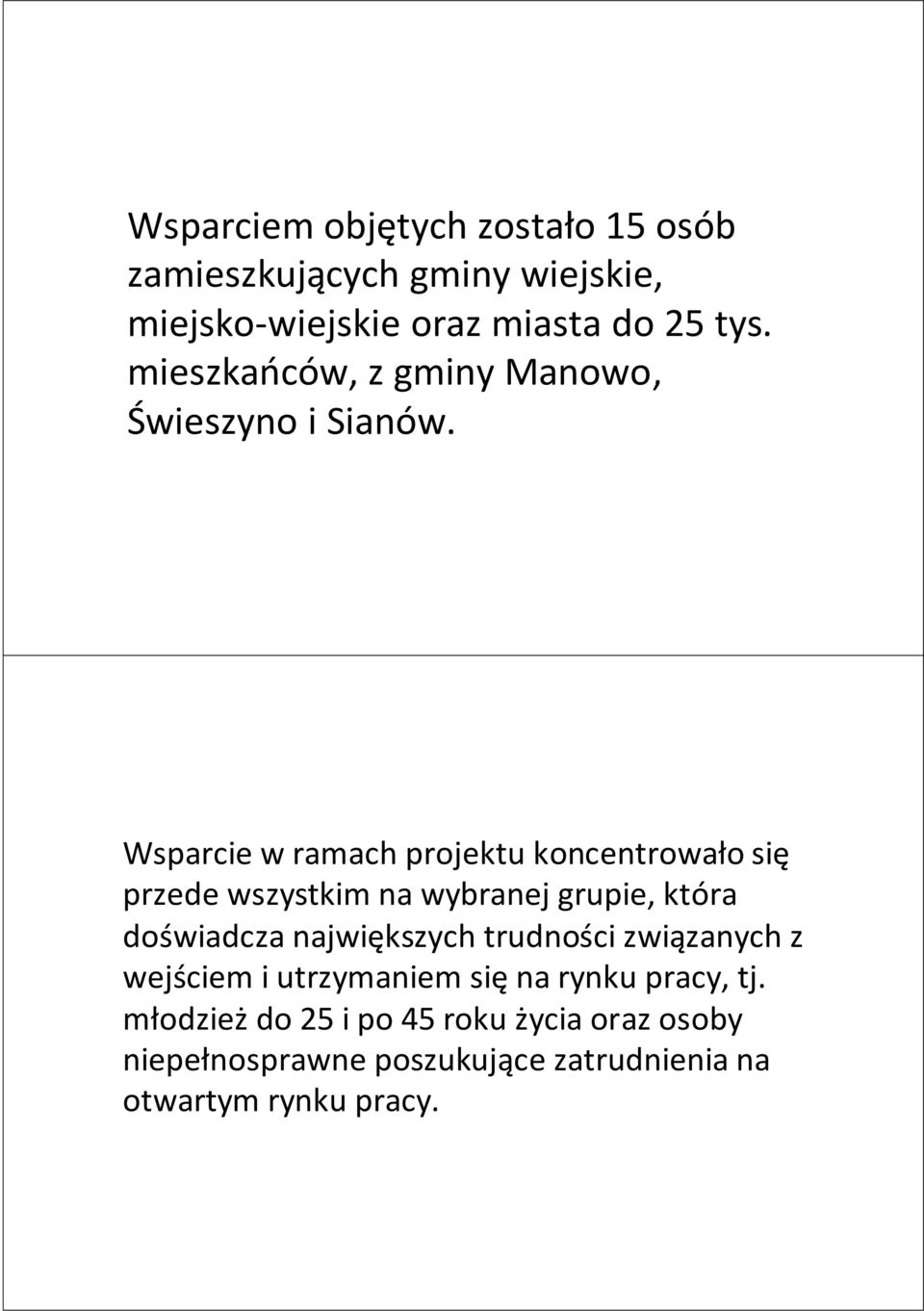 Wsparcie w ramach projektu koncentrowało się przede wszystkim na wybranej grupie, która doświadcza największych