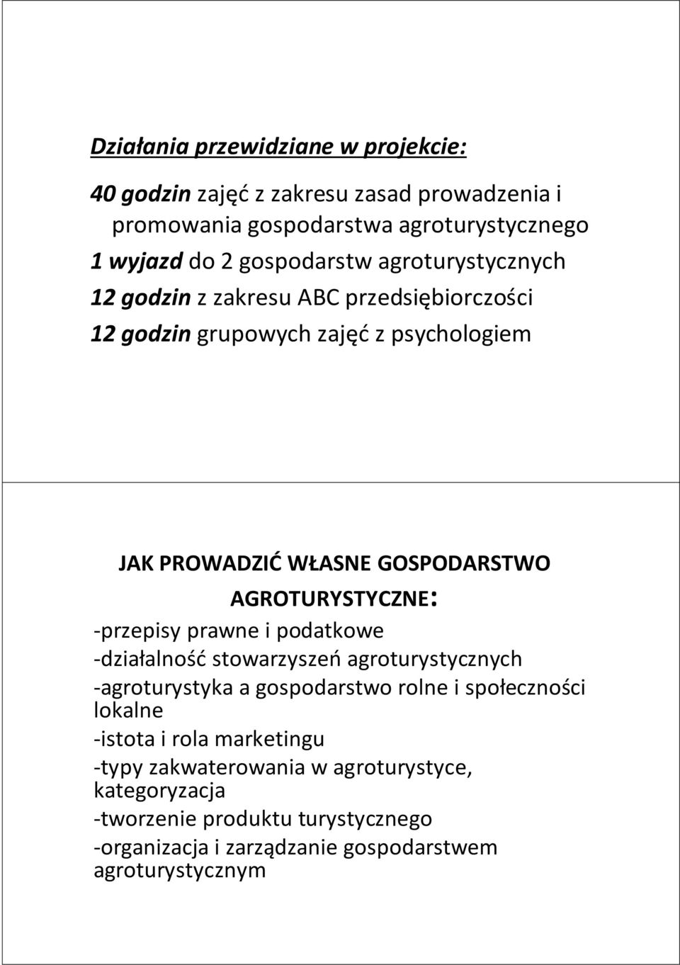 AGROTURYSTYCZNE: -przepisy prawne i podatkowe -działalność stowarzyszeń agroturystycznych -agroturystyka a gospodarstwo rolne i społeczności lokalne