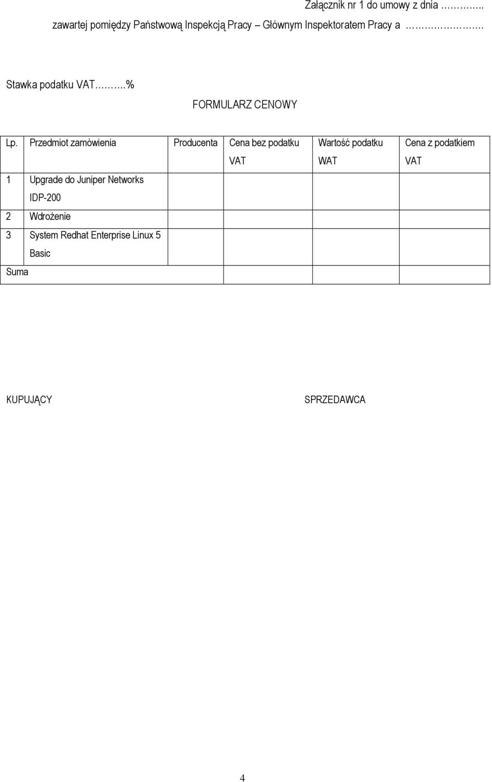 Stawka podatku VAT.% FORMULARZ CENOWY Lp.