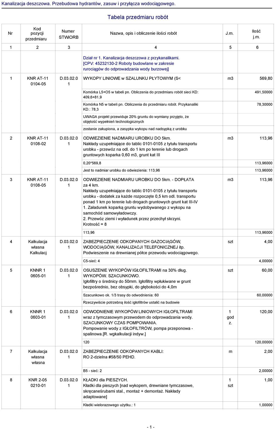 Obliczenia do przediaru robót sieci KD: 09,+8,9 9,0000 Koórka N w tabeli pn. Obliczenia do przediaru robót. Przykanaliki KD.