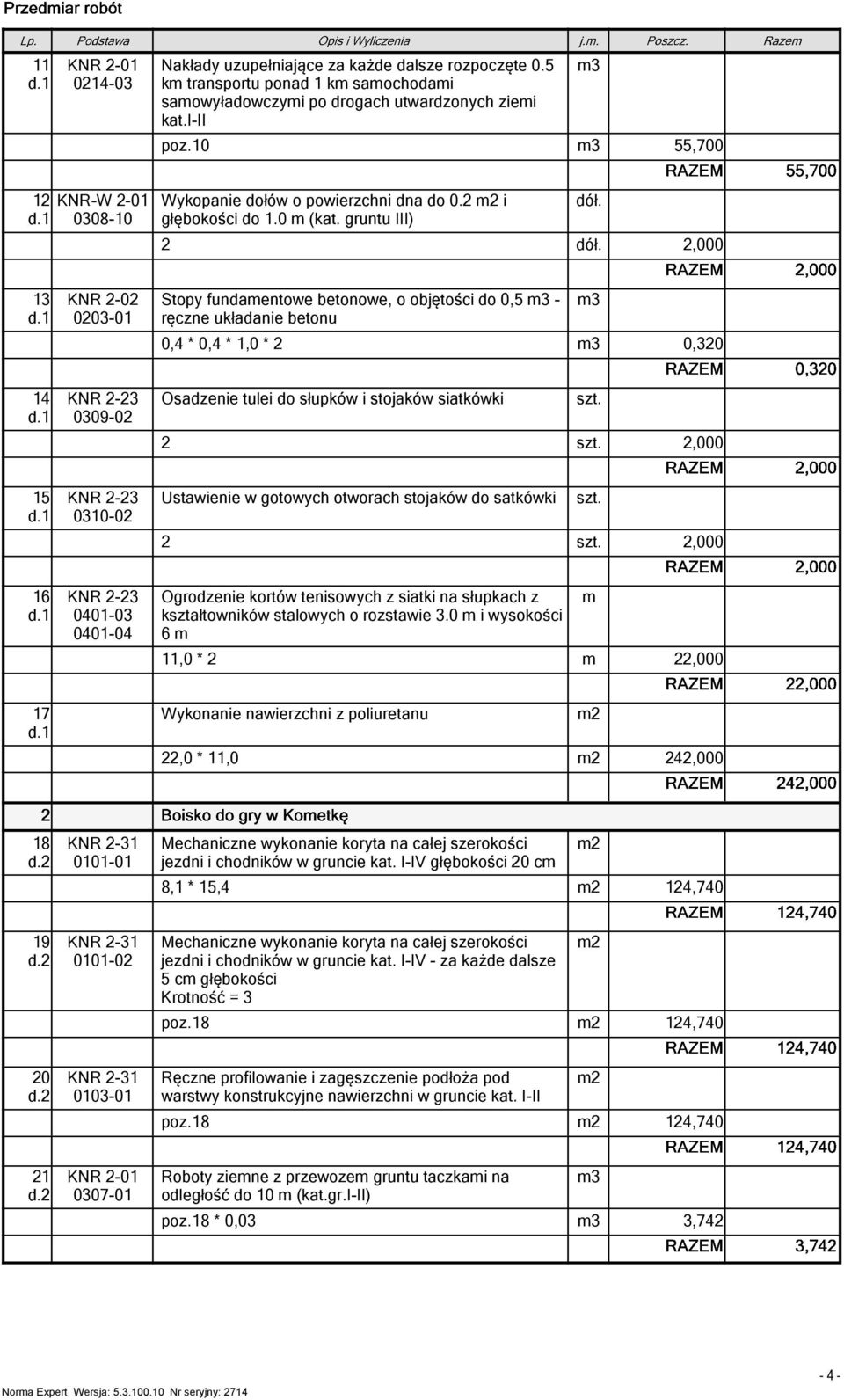 gruntu III),000 13 KNR -0 003-01 Stopy fundaentowe betonowe, o objętości do 0,5 - ręczne układanie betonu 0,4 * 0,4 * 1,0 * 0,30 14 KNR -3 0309-0 Osadzenie tulei do słupków i stojaków siatkówki,000