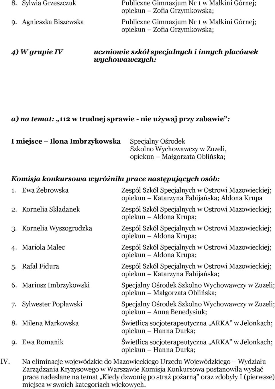 sprawie - nie używaj przy zabawie : I miejsce Ilona Imbrzykowska Specjalny Ośrodek Szkolno Wychowawczy w Zuzeli, opiekun Małgorzata Oblińska; IV. 1.