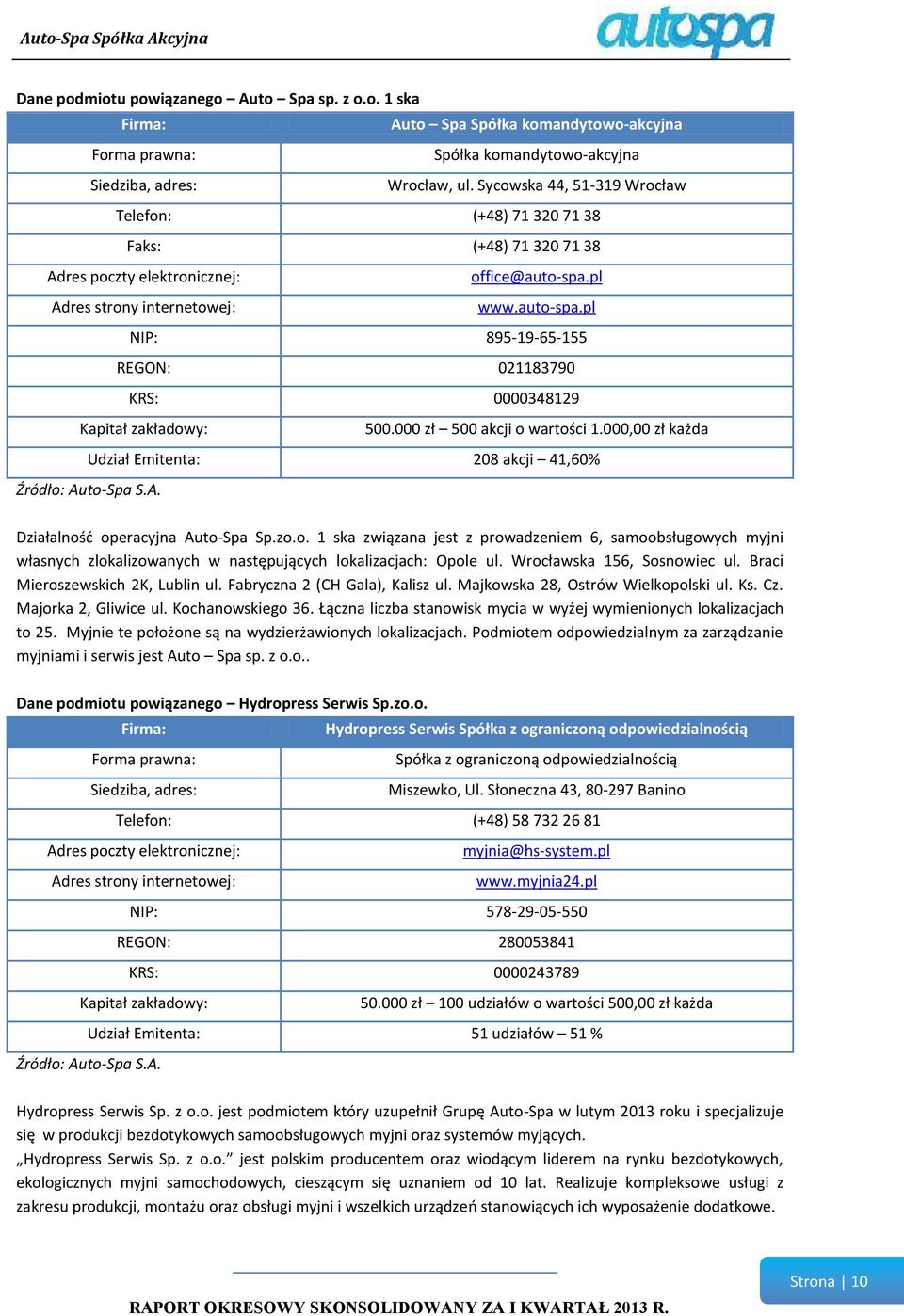 pl Adres strony internetowej: www.auto-spa.pl NIP: 895-19-65-155 REGON: 021183790 KRS: 0000348129 Kapitał zakładowy: 500.000 zł 500 akcji o wartości 1.