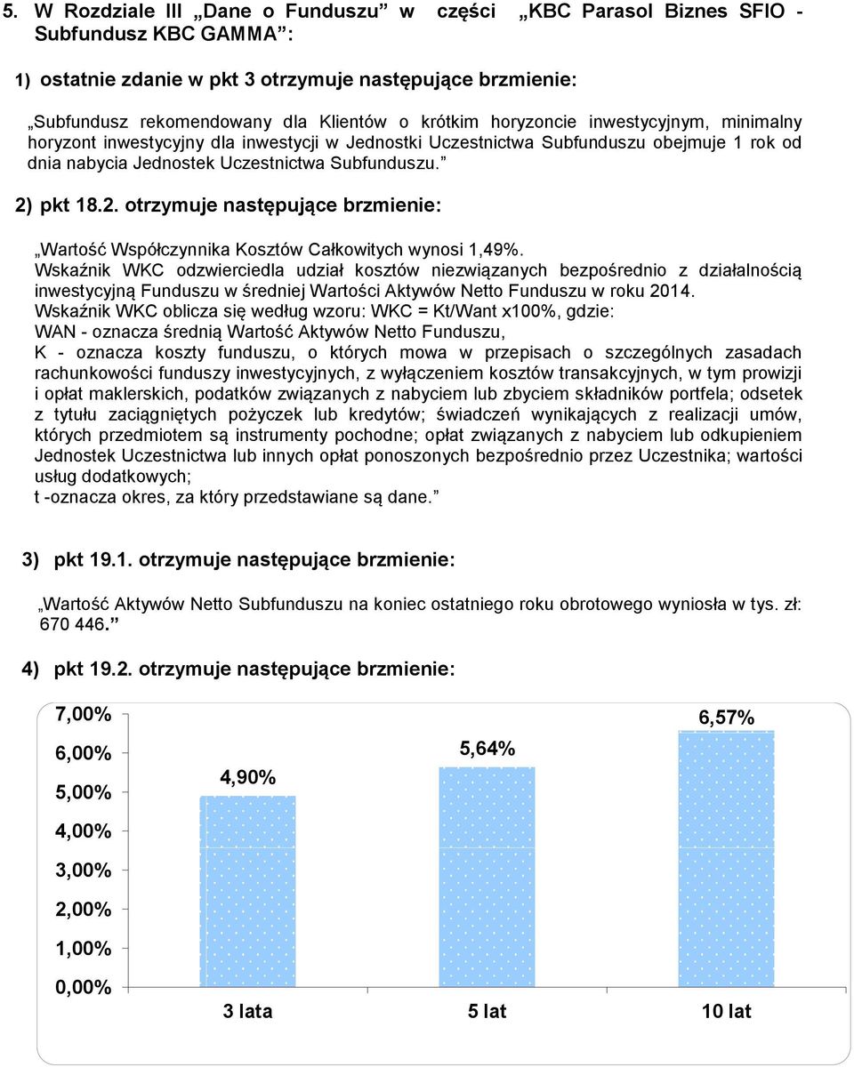 pkt 18.2. otrzymuje następujące brzmienie: Wartość Współczynnika Kosztów Całkowitych wynosi 1,49%.