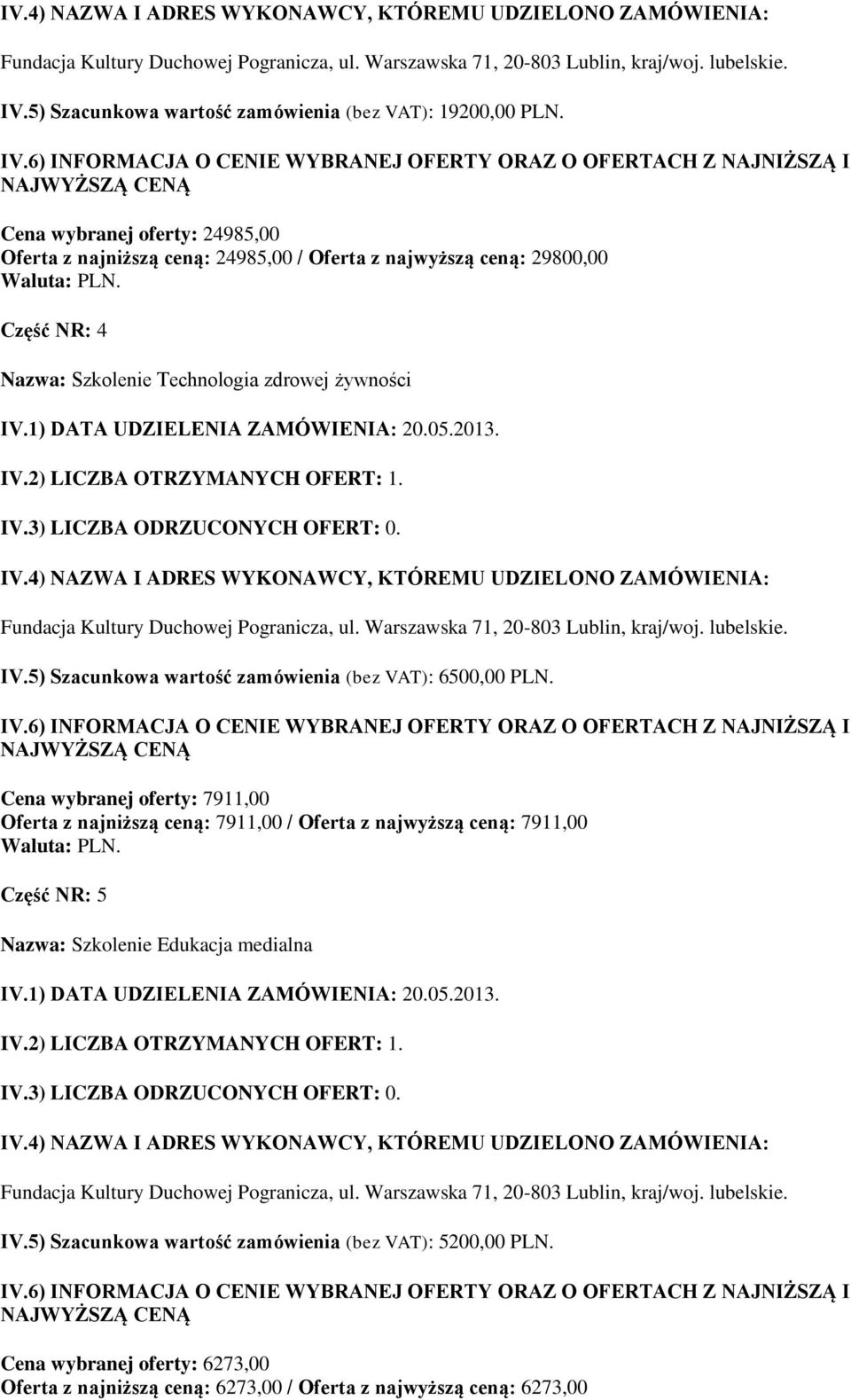 zdrowej żywności IV.5) Szacunkowa wartość zamówienia (bez VAT): 6500,00 PLN.