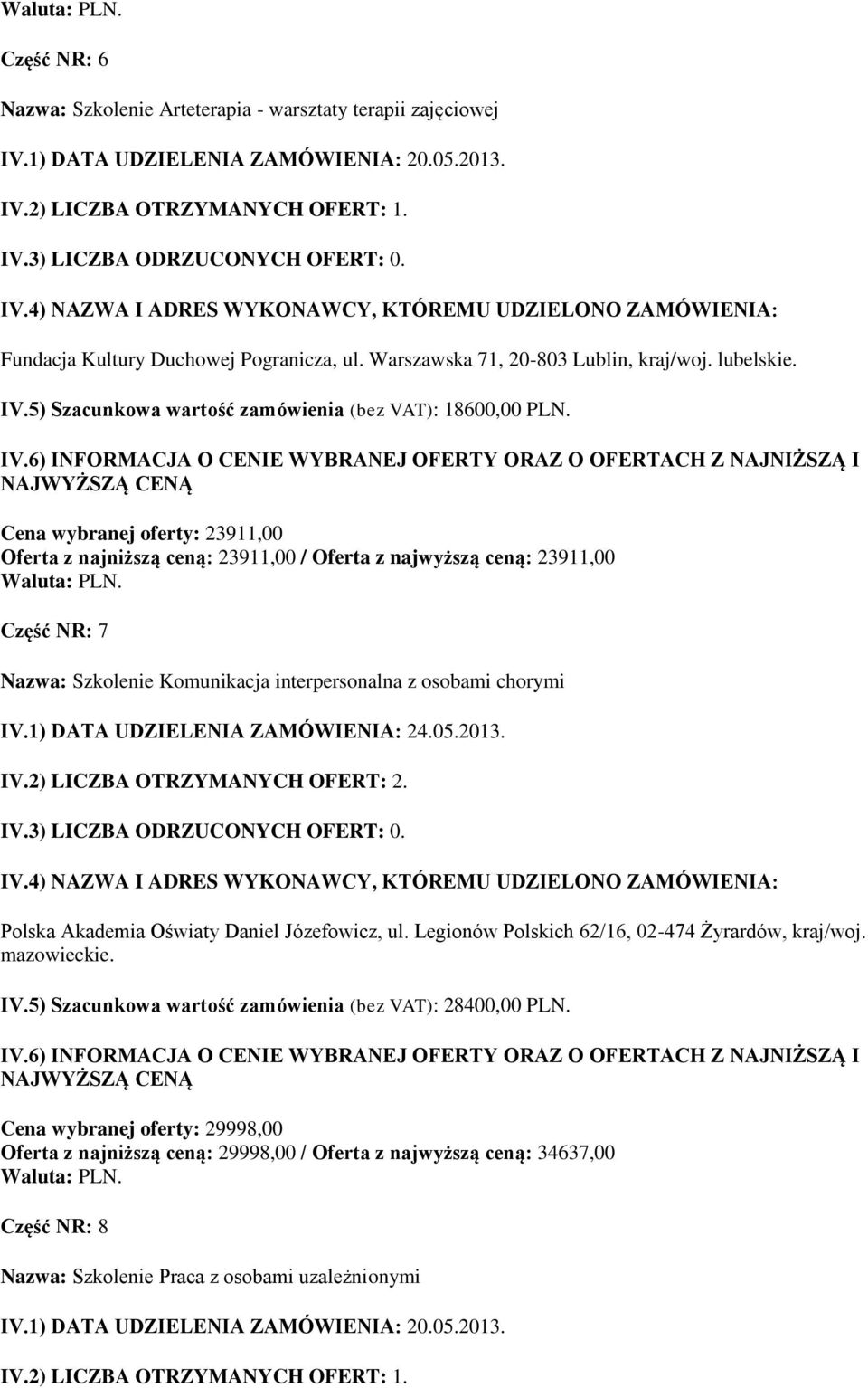 1) DATA UDZIELENIA ZAMÓWIENIA: 24.05.2013. IV.2) LICZBA OTRZYMANYCH OFERT: 2. Polska Akademia Oświaty Daniel Józefowicz, ul. Legionów Polskich 62/16, 02-474 Żyrardów, kraj/woj.