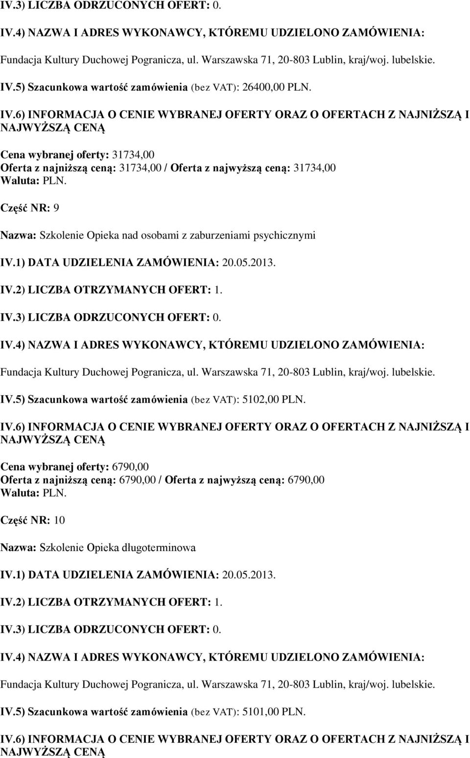 Szkolenie Opieka nad osobami z zaburzeniami psychicznymi IV.5) Szacunkowa wartość zamówienia (bez VAT): 5102,00 PLN.