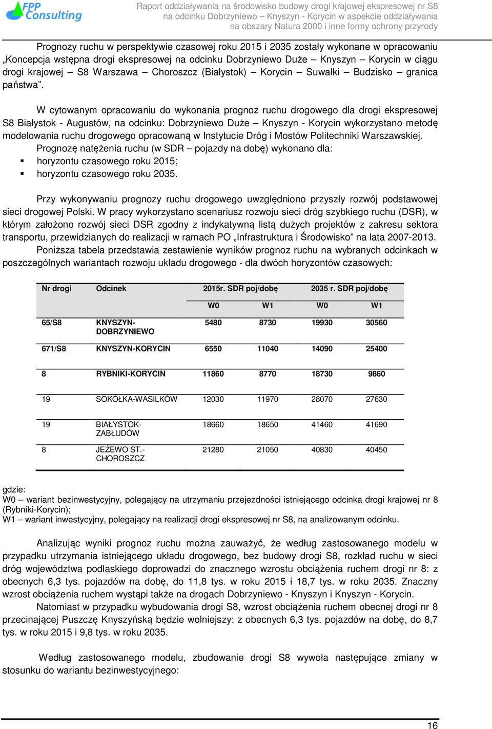 W cytowanym opracowaniu do wykonania prognoz ruchu drogowego dla drogi ekspresowej S8 Białystok - Augustów, na odcinku: Dobrzyniewo Duże Knyszyn - Korycin wykorzystano metodę modelowania ruchu