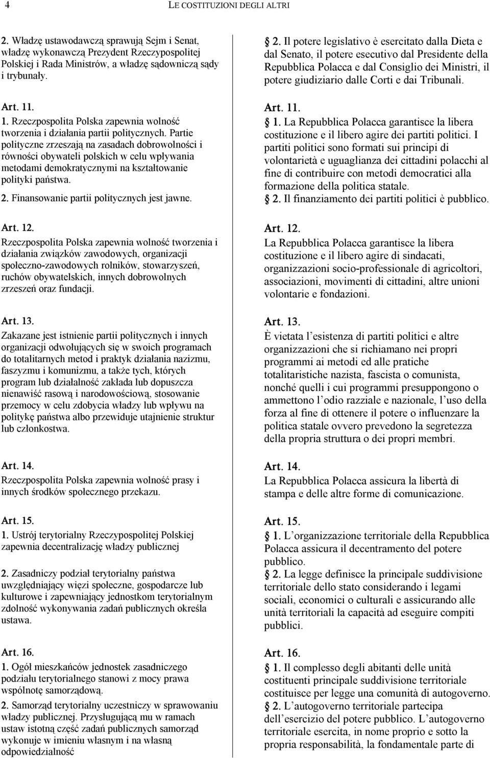 Il potere legislativo è esercitato dalla Dieta e dal Senato, il potere esecutivo dal Presidente della Repubblica Polacca e dal Consiglio dei Ministri, il potere giudiziario dalle Corti e dai