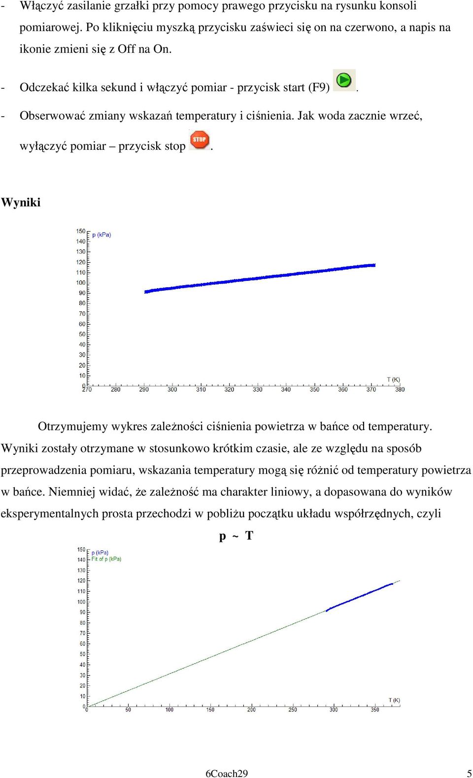 Wyniki Otrzymujemy wykres zaleŝności ciśnienia powietrza w bańce od temperatury.