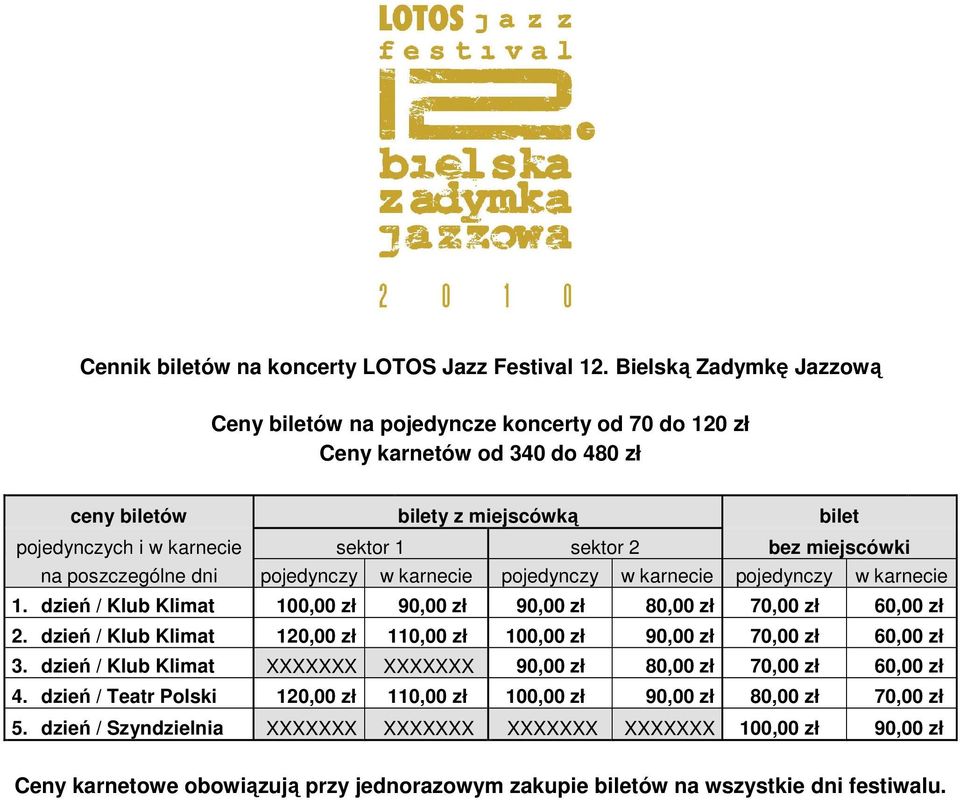 miejscówki na poszczególne dni pojedynczy w karnecie pojedynczy w karnecie pojedynczy w karnecie 1. dzień / Klub Klimat 100,00 zł 90,00 zł 90,00 zł 80,00 zł 70,00 zł 60,00 zł 2.