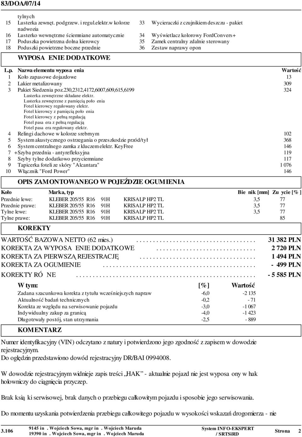 centralny zdalnie sterowany 18 Poduszki powietrzne boczne przednie 36 Zestaw naprawy opon WYPOSAŻENIE DODATKOWE L.p. Nazwa elementu wyposażenia Wartość 1 Koło zapasowe dojazdowe 13 2 Lakier metalizowany 309 3 Pakiet Siedzenia poz.