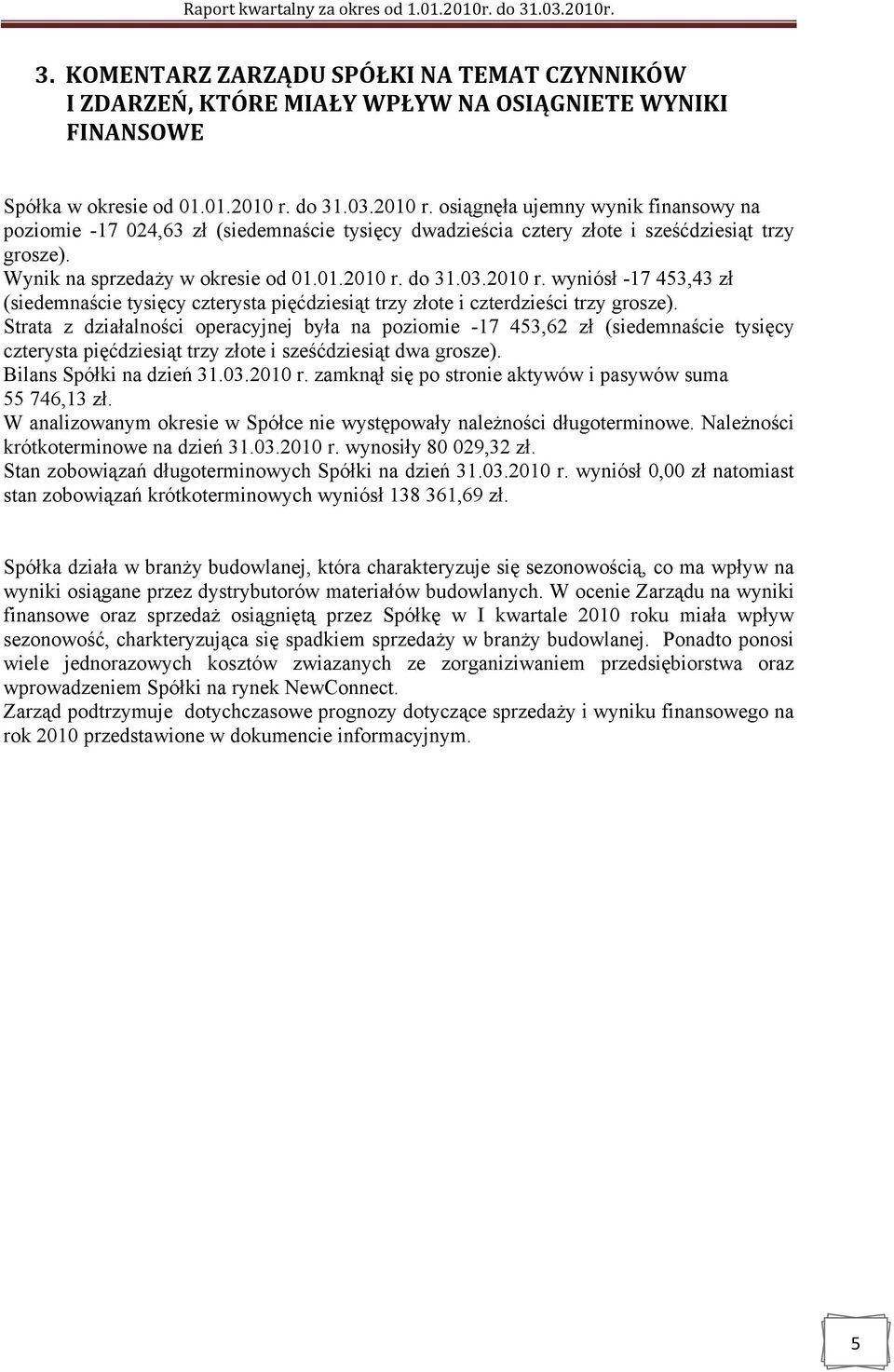 03.2010 r. wyniósł -17 453,43 zł (siedemnaście tysięcy czterysta pięćdziesiąt trzy złote i czterdzieści trzy grosze).